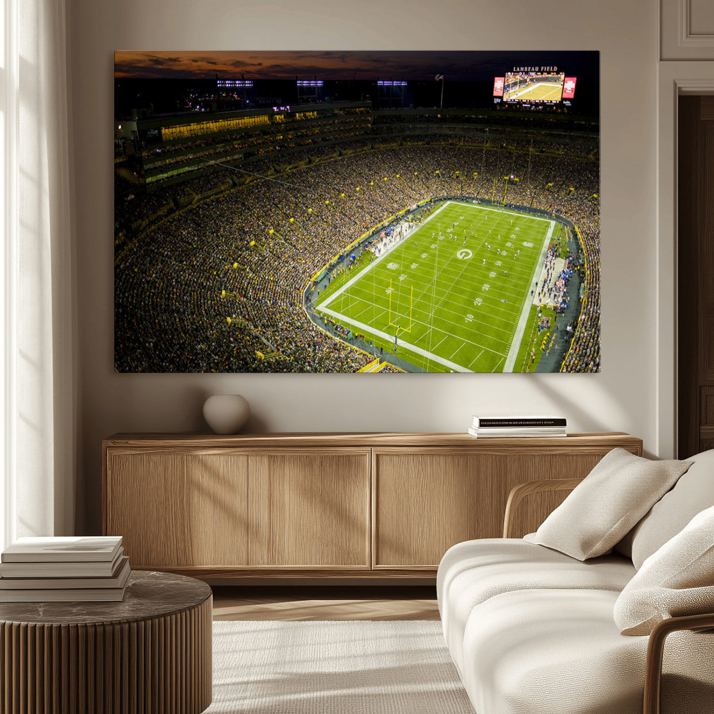 23655234-MGV-CV-36X24-Lambeau Field Stadium Wall Art – American Football Night Game Canvas Print with Packed Crowd and Lights – Sports Decor for Man