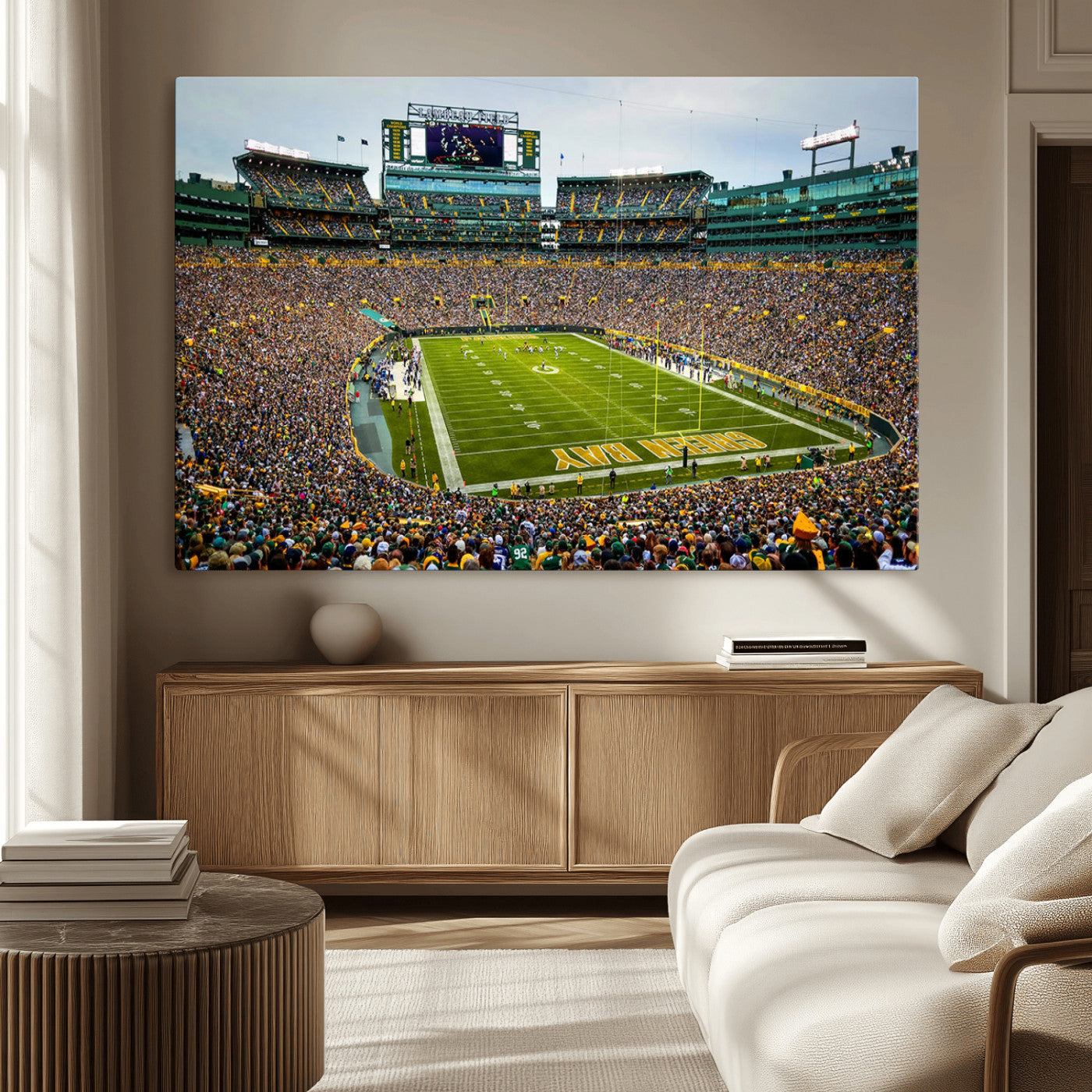 96617112-MGV-CV-36X24-Lambeau Field Wall Art – Green Bay Packers NFL Football Stadium Canvas Print – Game Day Crowd Sports Decor for Man Cave, Bar, or