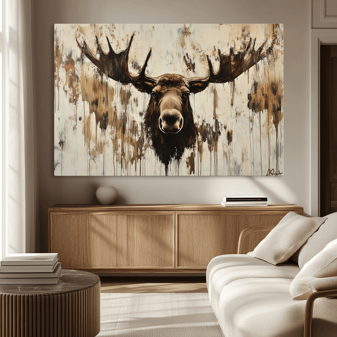 34496536-MGV-CV-36X24-Rustic Moose Wall Art – Modern Abstract Animal Canvas Print – Majestic Moose Head Painting with Neutral Earth Tones for Cabin,