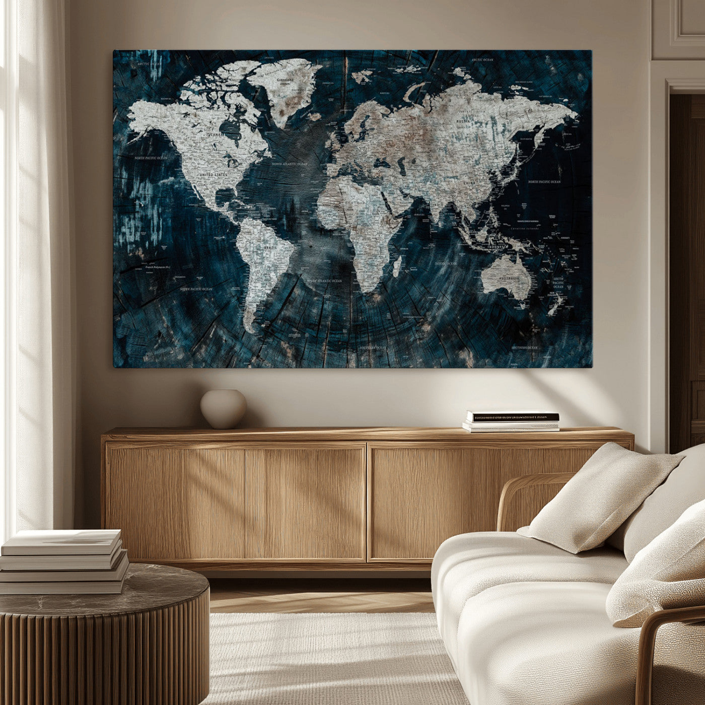34425609-MGV-CV-36X24-World Map Wall Art – Rustic Navy and Grey Atlas Canvas Print, Distressed Explorer Map Artwork, Industrial Style Decor for Office,