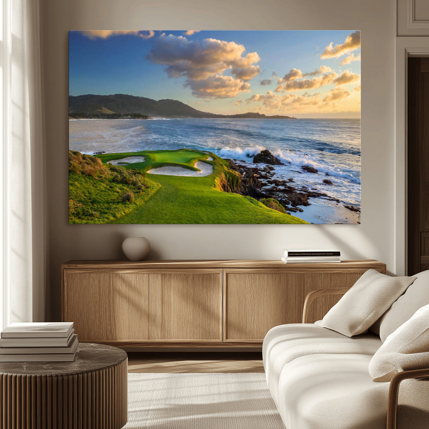 50107048-MGV-CV-36X24-Golf Course Wall Art – Coastal Ocean View Canvas Print, Scenic Fairway Landscape Decor for Office, Man Cave, Bedroom, or Living