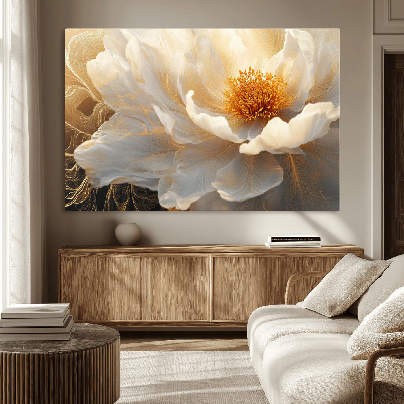 29539087-MGV-CV-36X24-Floral Wall Art – Elegant White and Gold Bloom Canvas Print, Romantic Modern Flower Artwork for Bedroom, Living Room, or Office
