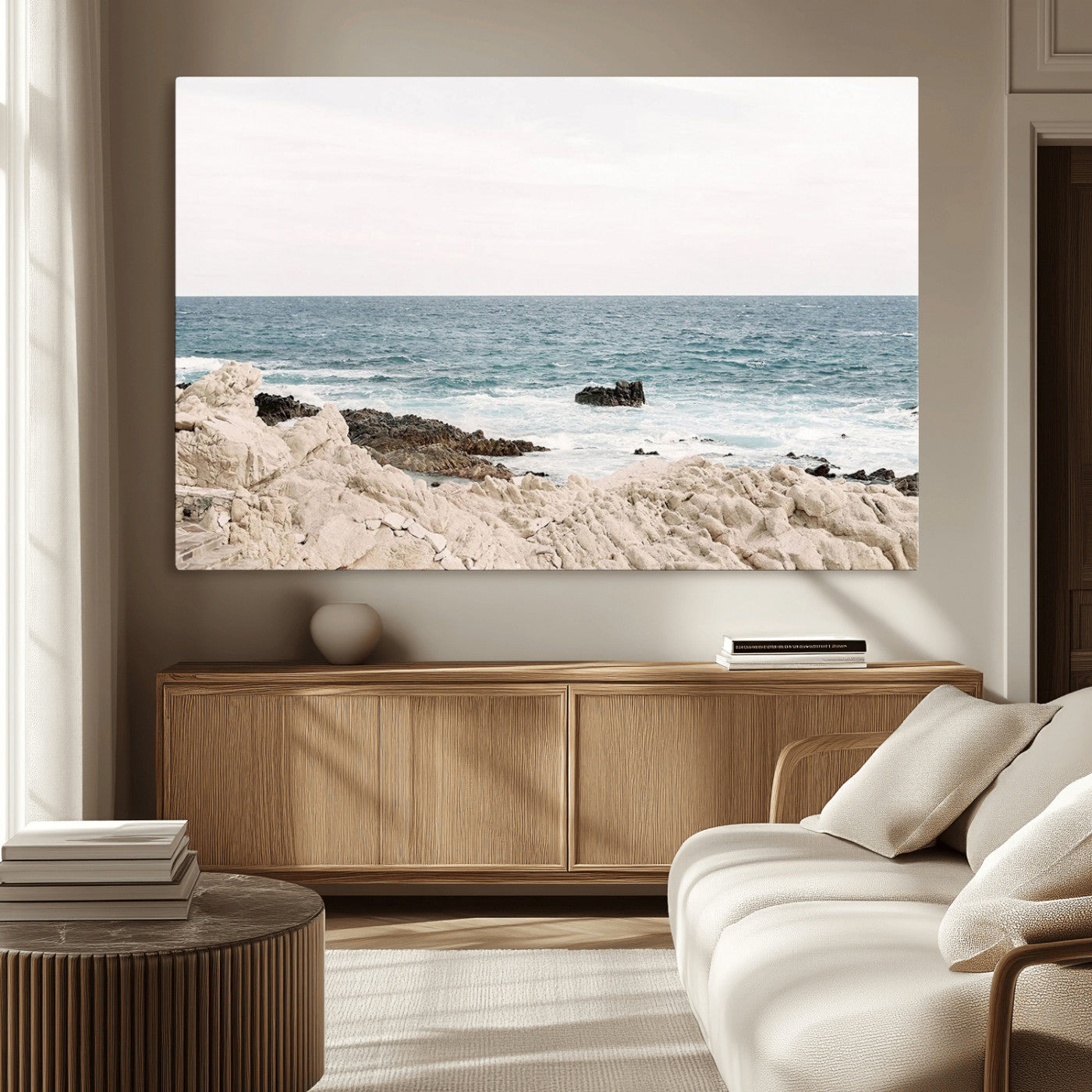 25481980-MGV-CV-36X24-Ocean Coastal Wall Art – Rocky Shoreline and Waves Canvas Print, Serene Beach Landscape Decor for Living Room, Bedroom, or Office