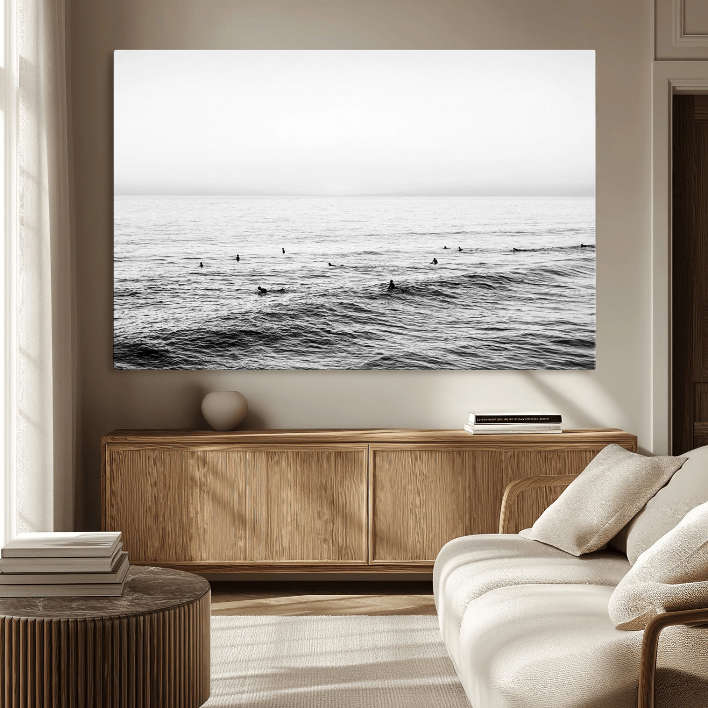 47208268-MGV-CV-36X24-Surfer Ocean Wall Art – Black and White Coastal Canvas Print, Minimalist Surfing Seascape Decor for Living Room, Bedroom, or Beach