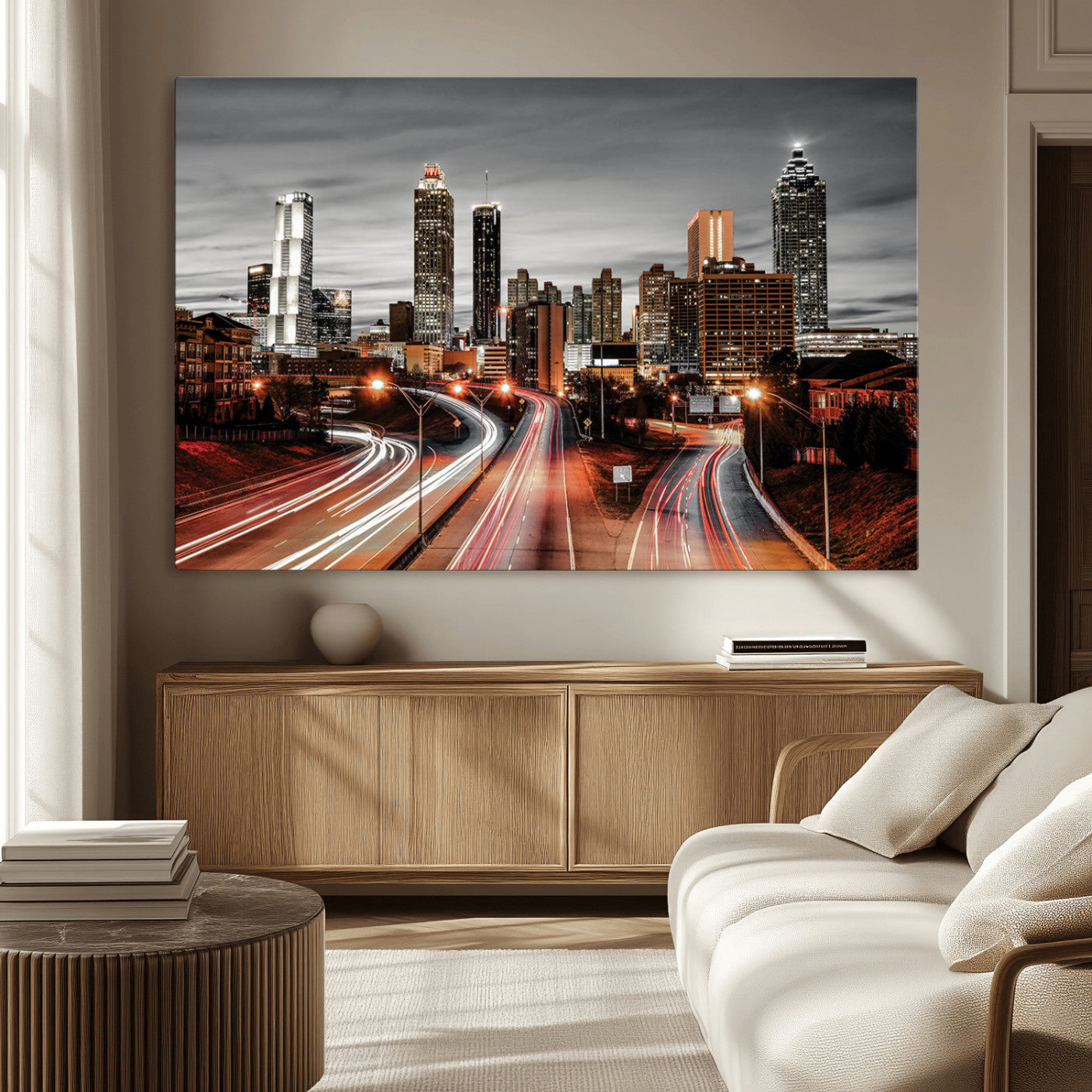 59097239-MGV-CV-36X24-City Skyline Wall Art – Modern Black and White Night Canvas Print with Red Light Trails, Urban Landscape Decor for Living Room or