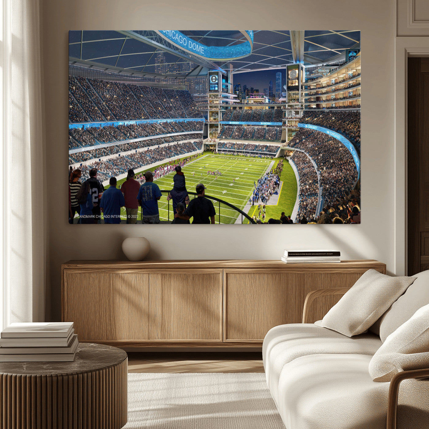 41816511-MGV-CV-36X24-Chicago Dome Stadium Wall Art – Futuristic Football Arena Canvas Print, Modern Sports Fan Decor for Man Cave, Office, Bar, or