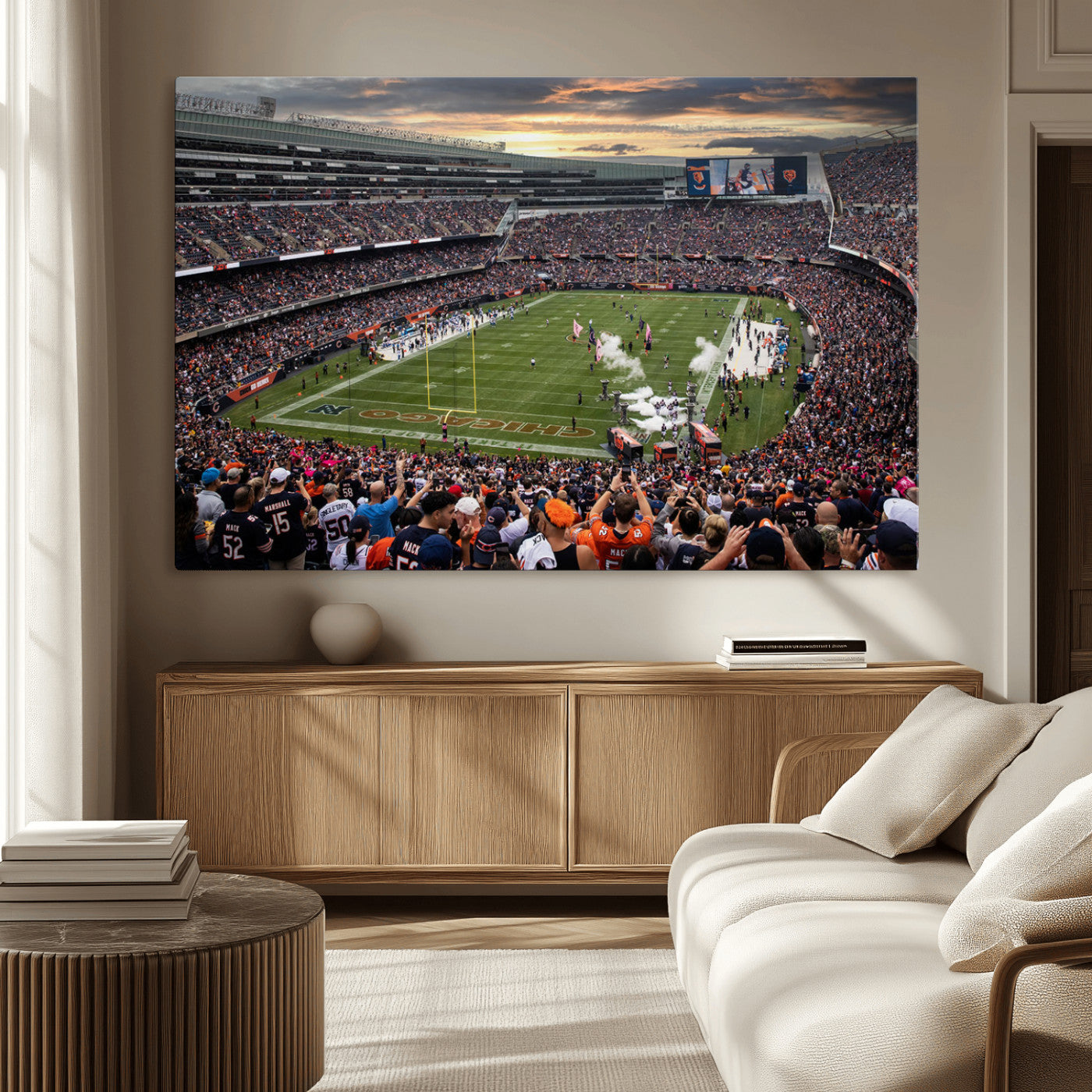 87578930-MGV-CV-36X24-Soldier Field Wall Art – Chicago Bears Football Stadium Sunset Canvas Print, Game Day Sports Decor for Man Cave, Bar, Office, or