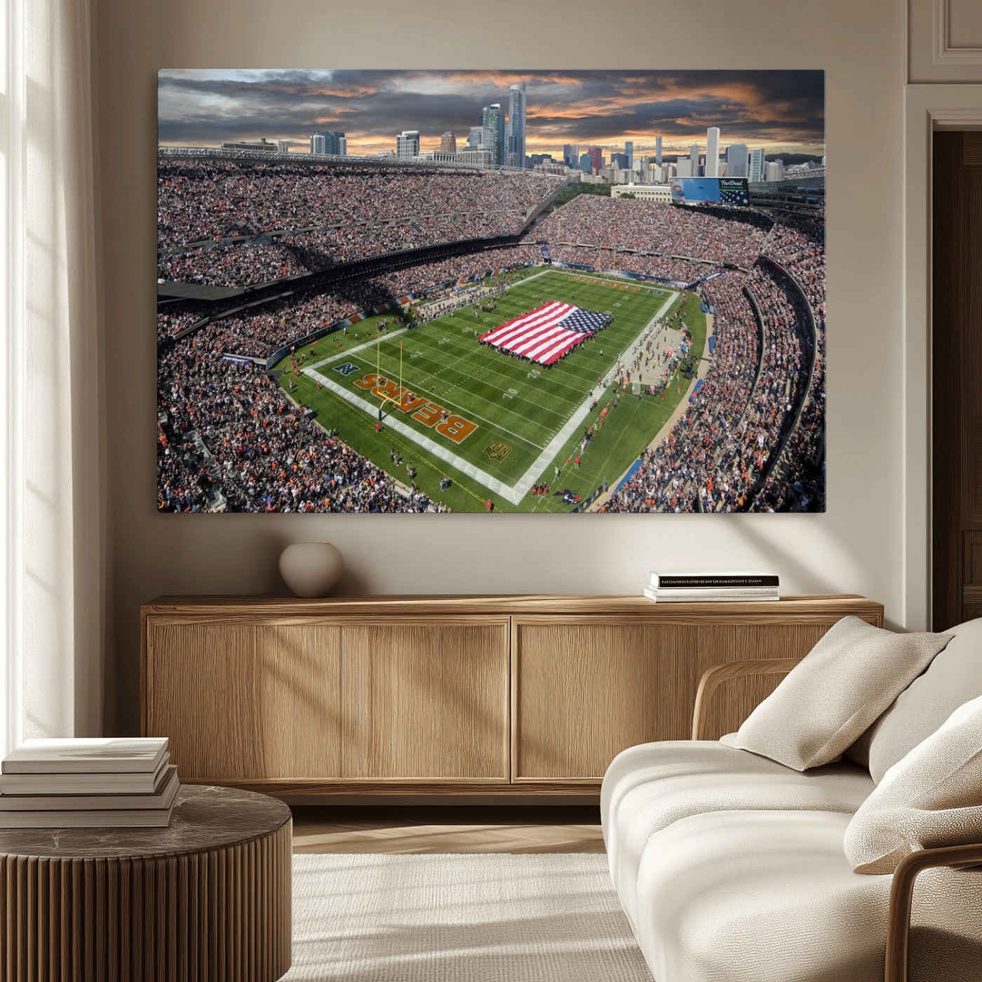 98106777-MGV-CV-36X24-Soldier Field Wall Art – Chicago Bears Stadium Canvas Print with American Flag, Game Day Football Decor for Man Cave, Bar, or