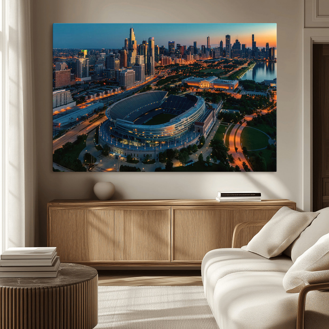 36690345-MGV-CV-36X24-Soldier Field Wall Art – Chicago Bears Stadium Aerial Night Canvas Print, City Skyline Football Decor for Living Room, Office, or
