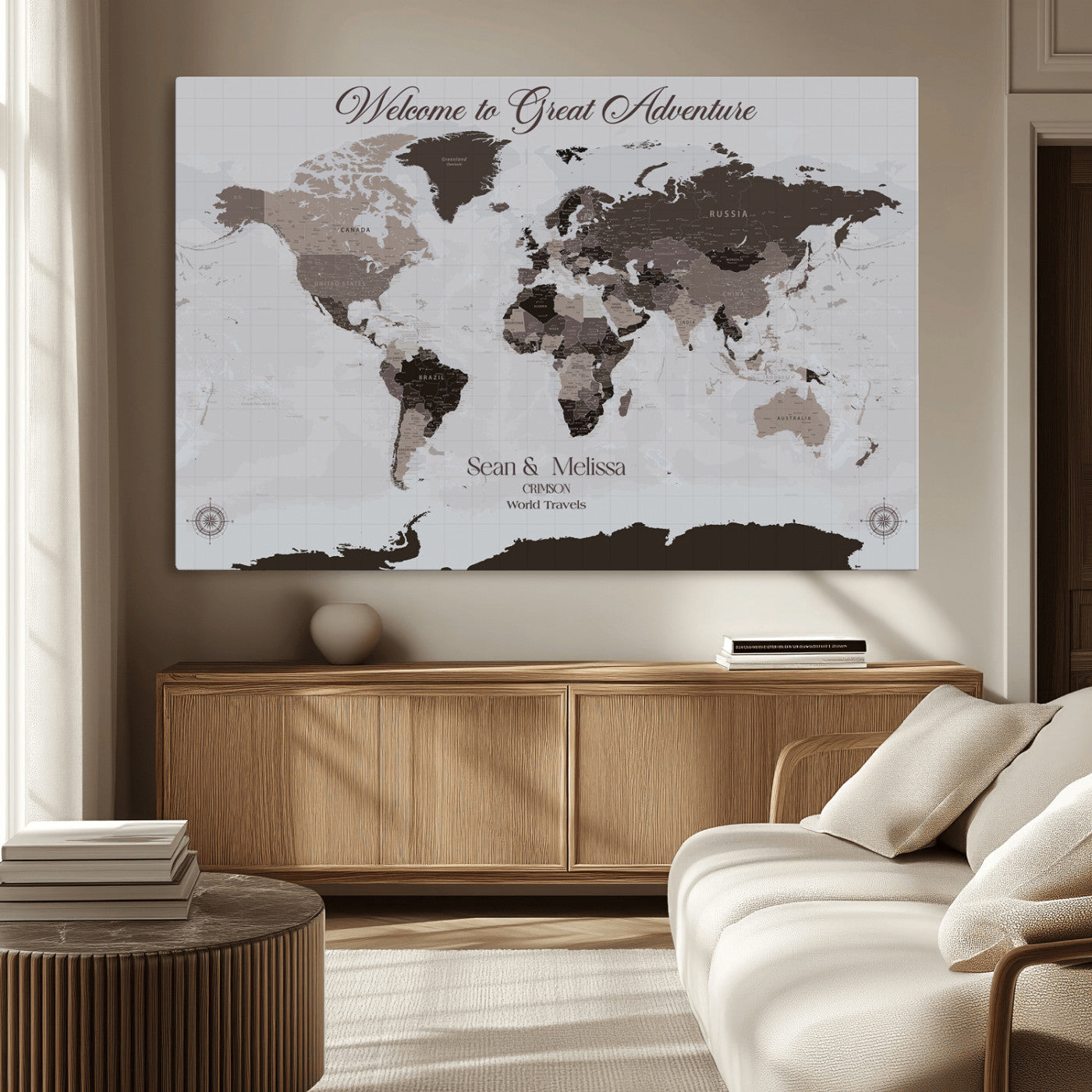 43749658-MGV-CV-36X24-Welcome to Great Adventure World Map Wall Art – Charcoal Gray Canvas Print, Rustic Travel Decor for Living Room, Study, Office or