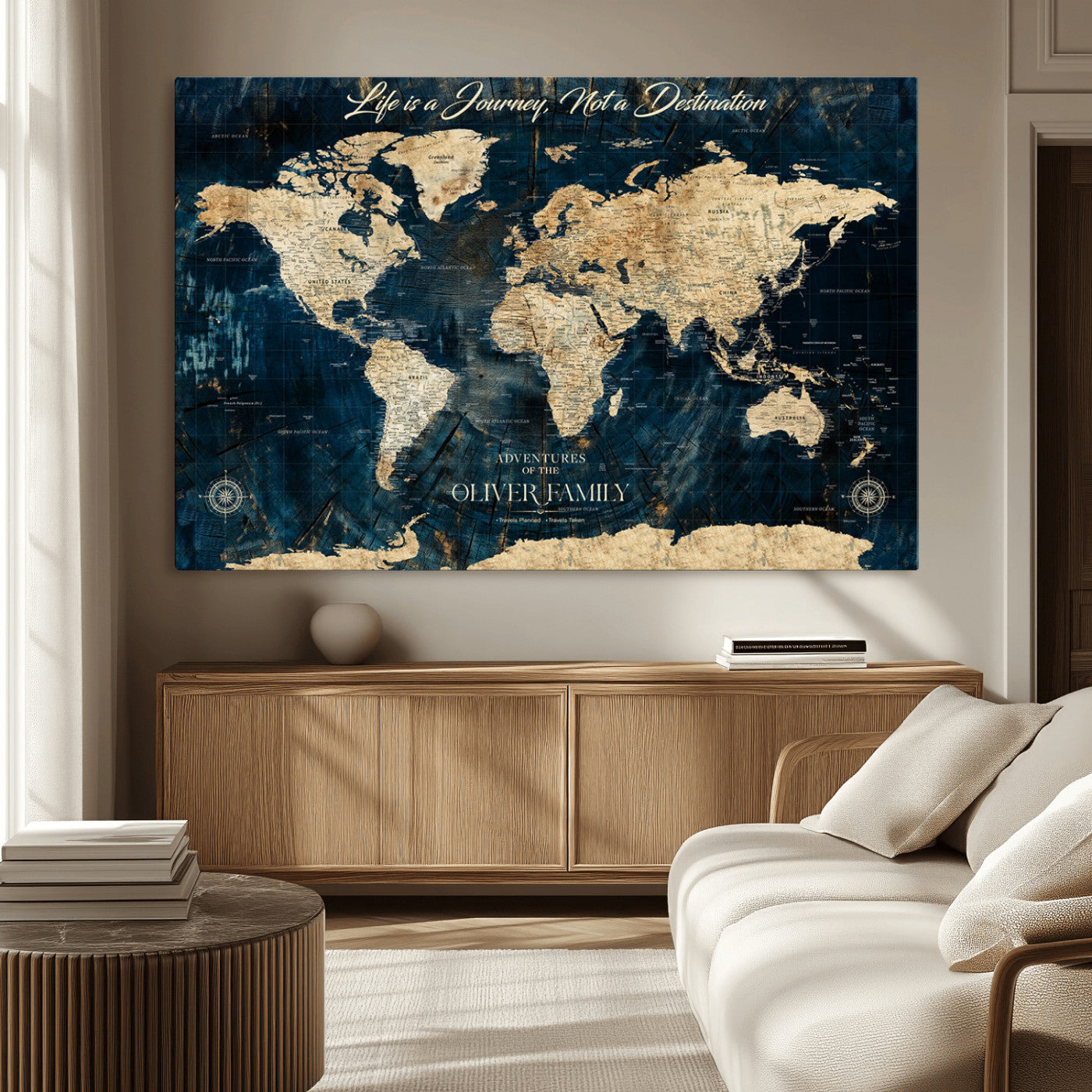 36970886-MGV-CV-36X24-Life is a Journey Not a Destination World Map Rustic Navy Beige Vintage Travel Wall Art Adventure Quote Canvas Print for Home