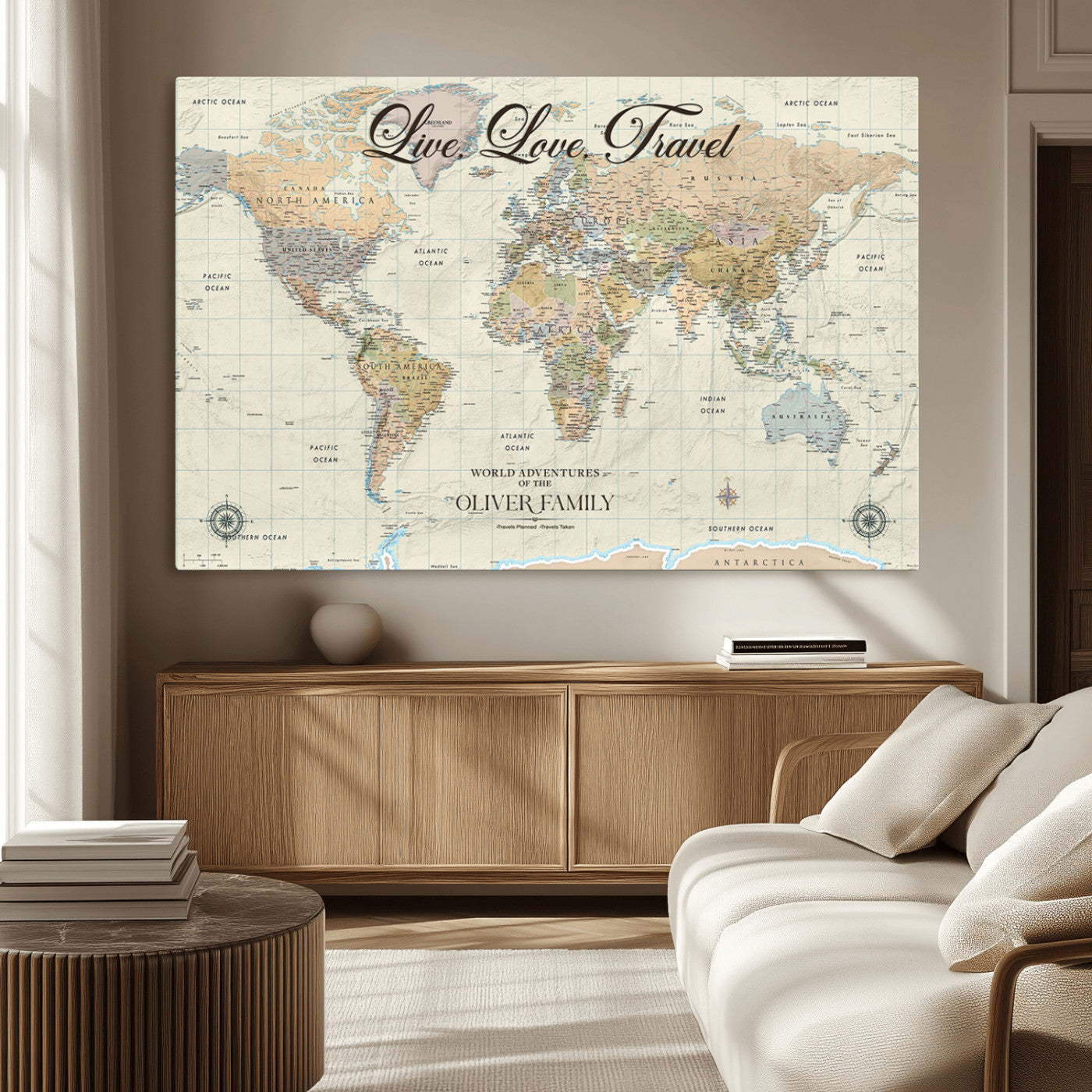 19479008-MGV-CV-36X24-Live Love Travel Wall Art – Detailed World Map Canvas Print, Adventure Decor for Living Room, Office or Bedroom, Travel Gift for