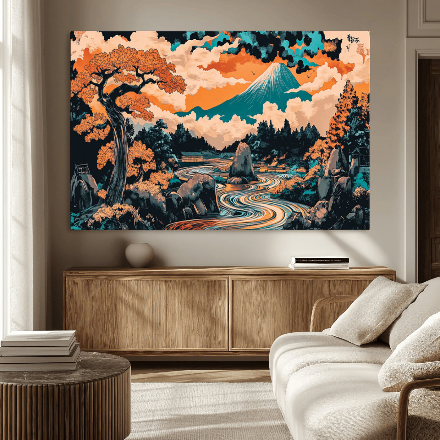 21638941-MGV-CV-36X24-Japanese Landscape Wall Art – Mount Fuji and Flowing River Ukiyo-e Style Canvas Print, Traditional Japan Inspired Artwork for