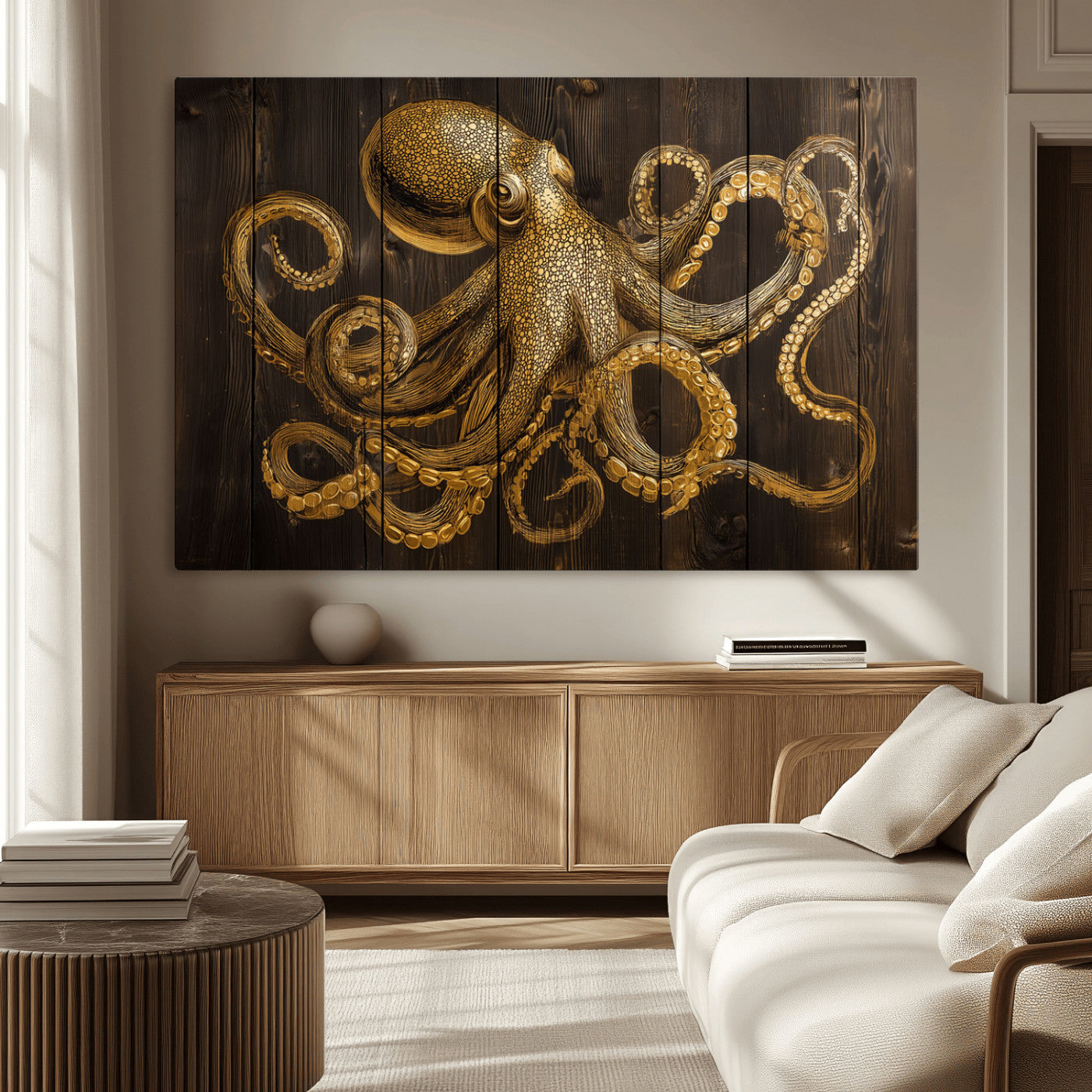 56769669-MGV-CV-36X24-Octopus Wall Art – Gold Nautical Canvas Print with Rustic Wood Panel Design, Detailed Marine Artwork for Coastal Ocean Decoration