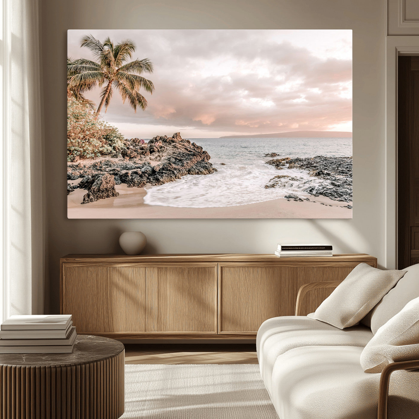 18005328-MGV-CV-36X24-Tropical Beach Canvas Wall Art – Palm Tree, Rocky Shoreline, Ocean Waves, Sunset Clouds, Calm Sea, Island Nature Relaxation for