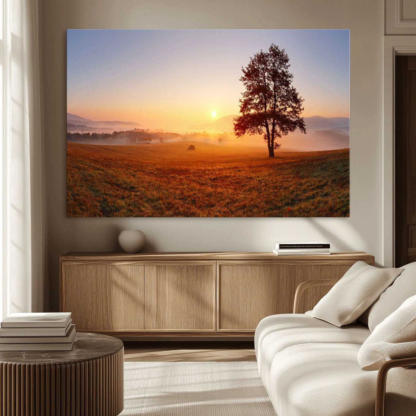 57919623-MGV-CV-36X24-Sunrise Landscape Wall Art – Golden Morning Canvas Print with Tree, Misty Hills and Open Field, Peaceful Nature Photography for