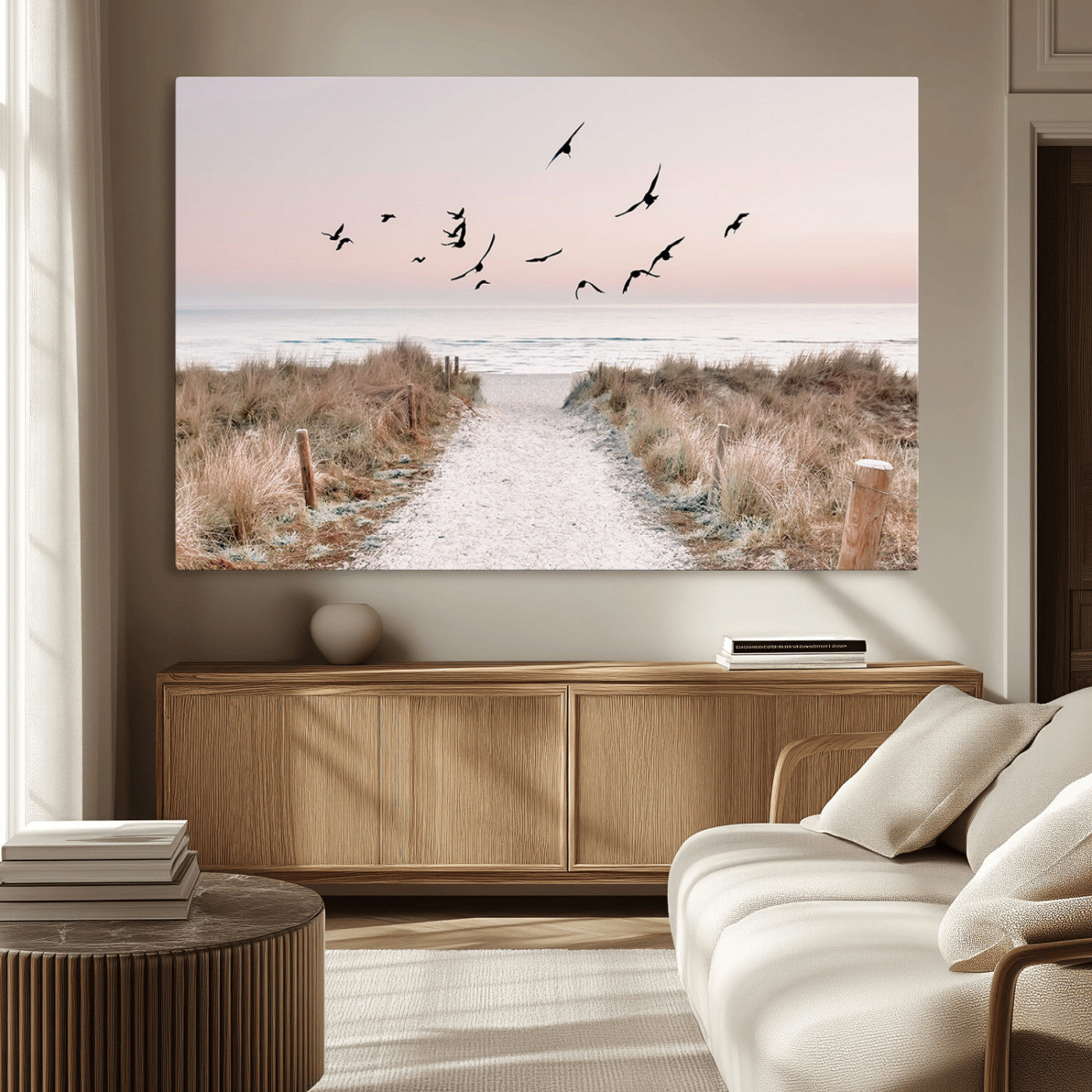 34632598-MGV-CV-36X24-Coastal Pathway Canvas Wall Art – Framed Seaside Landscape, Large Beach and Birds Canvas Print for Home, Office, or Living Room