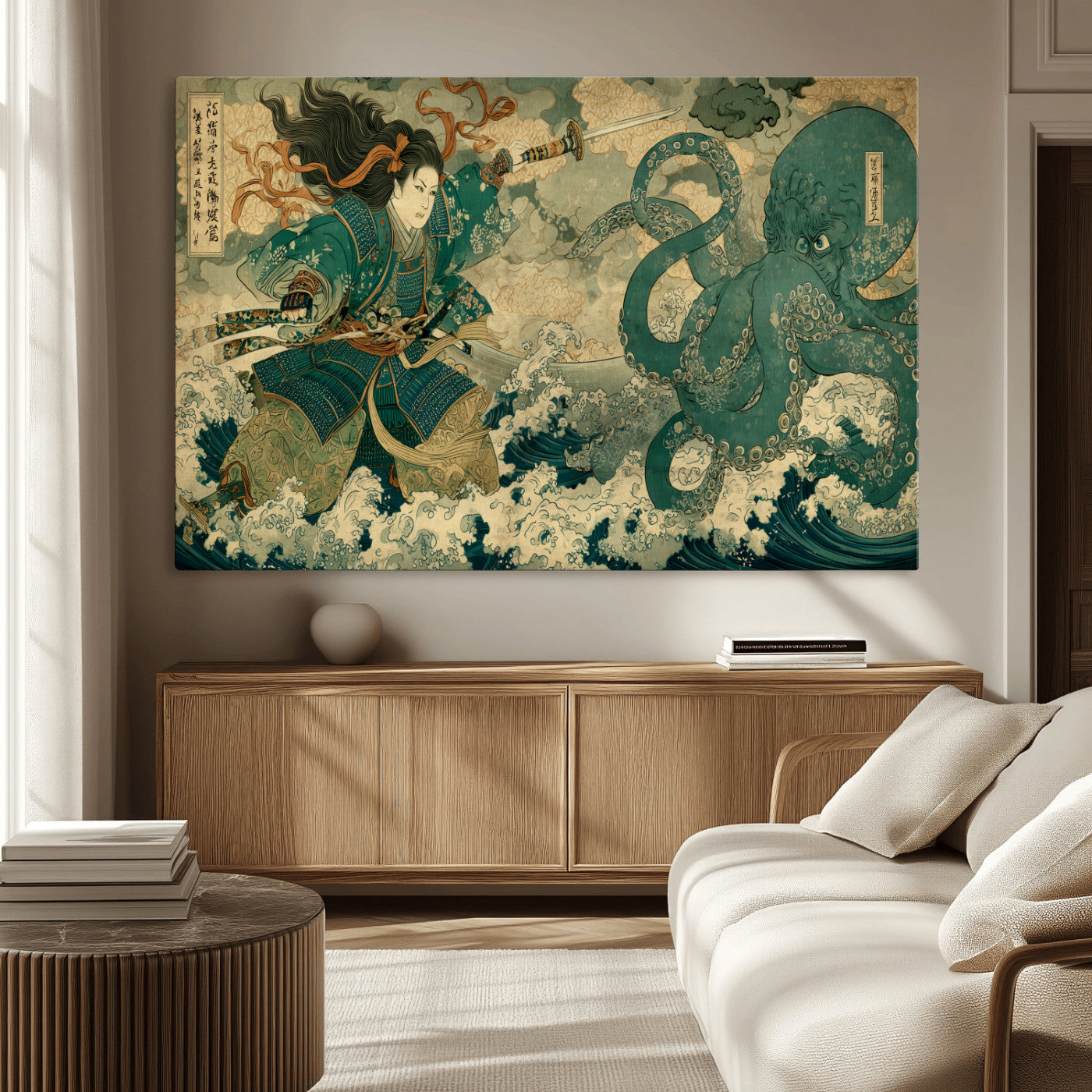 24416422-MGV-CV-36X24-Tsukioka Yoshitoshi Samurai Wall Art Print, Japanese Katana Warrior Canvas Wall Art, Octopus Sea Monster Canvas Print,