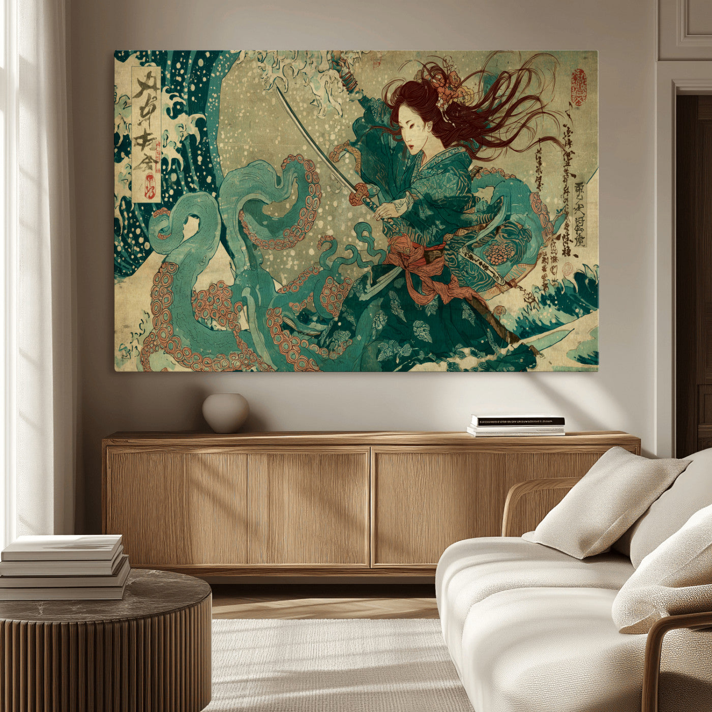 86918027-MGV-CV-36X24-Samurai Warrior vs Octopus Wall Art – Japanese Ukiyo-e Ocean Battle Canvas Print, Traditional Samurai Artwork for Living Room,