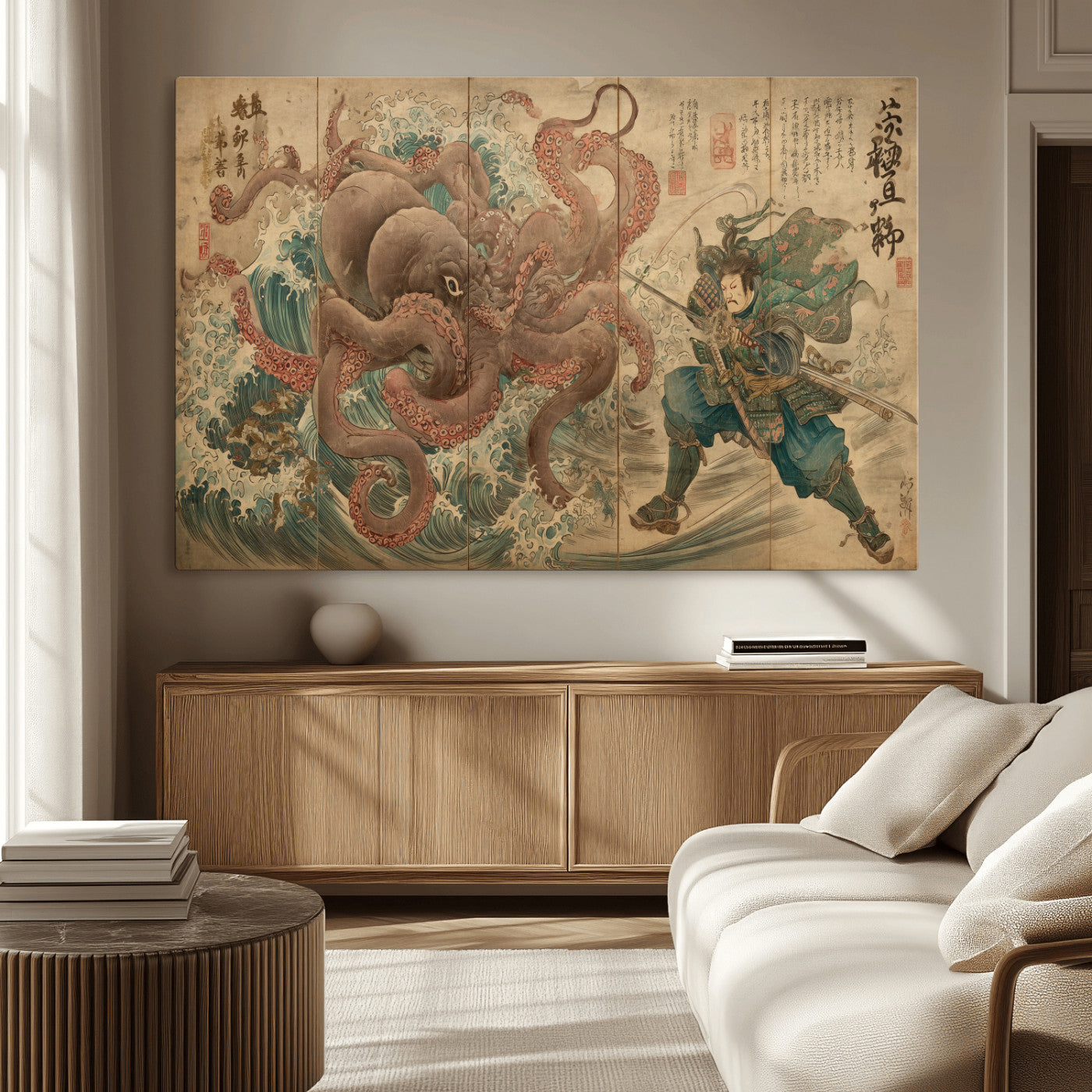 63782167-MGV-CV-36X24-Tsukioka Yoshitoshi Samurai Wall Art Print, Japanese Katana Warrior Canvas Wall Art, Octopus Sea Monster Canvas Print,