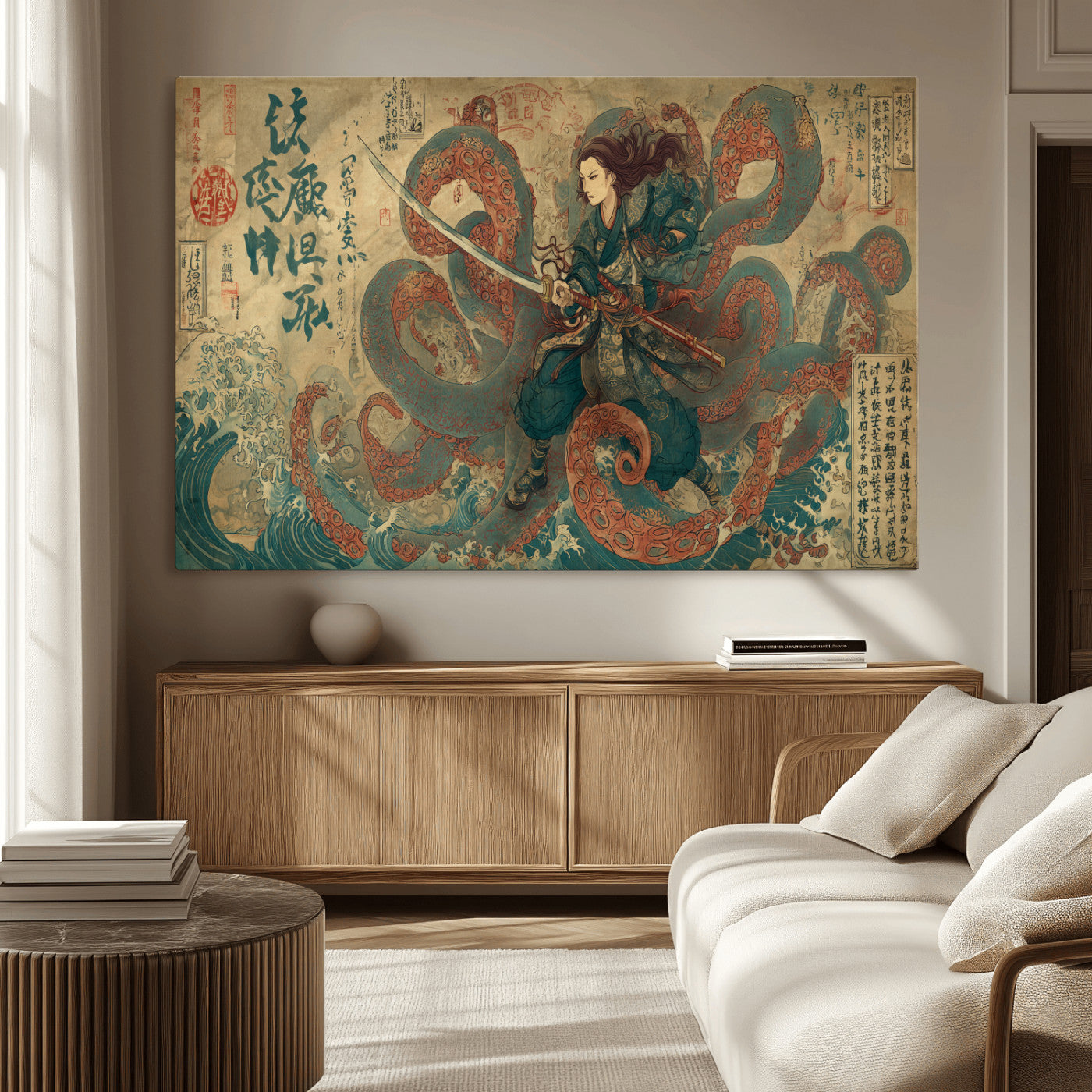98593115-MGV-CV-36X24-Samurai Warrior vs Octopus Wall Art – Japanese Ukiyo-e Calligraphy Canvas Print, Ocean Battle Scene Artwork for Living Room,