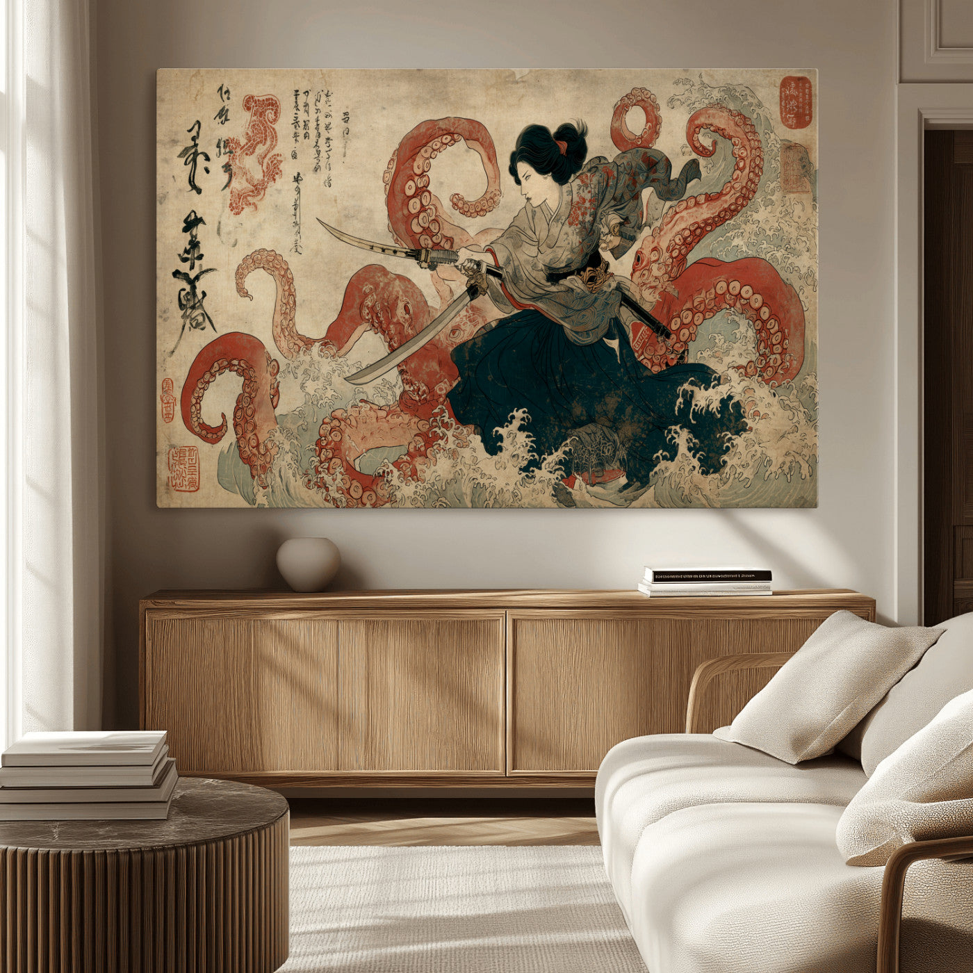 50812504-MGV-CV-36X24-Tsukioka Yoshitoshi Samurai Wall Art Print, Japanese Katana Warrior Canvas Wall Art, Octopus Sea Monster Canvas Print,
