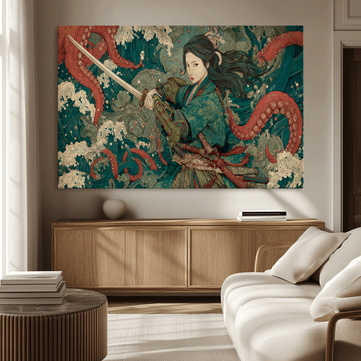 35461724-MGV-CV-36X24-Samurai Woman vs Octopus Wall Art – Japanese Ukiyo-e Ocean Waves Canvas Print, Red Tentacle Battle Artwork for Living Room,