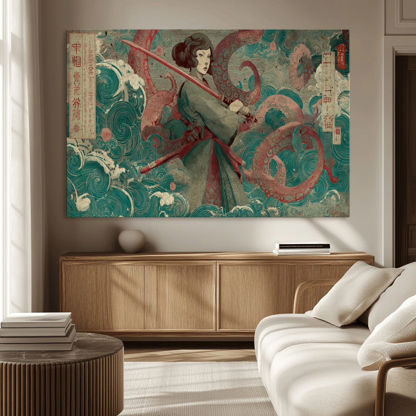 91666601-MGV-CV-36X24-Samurai Woman vs Octopus Wall Art – Japanese Ukiyo-e Green Robe Canvas Print, Ocean Battle Artwork for Living Room, Office, Man