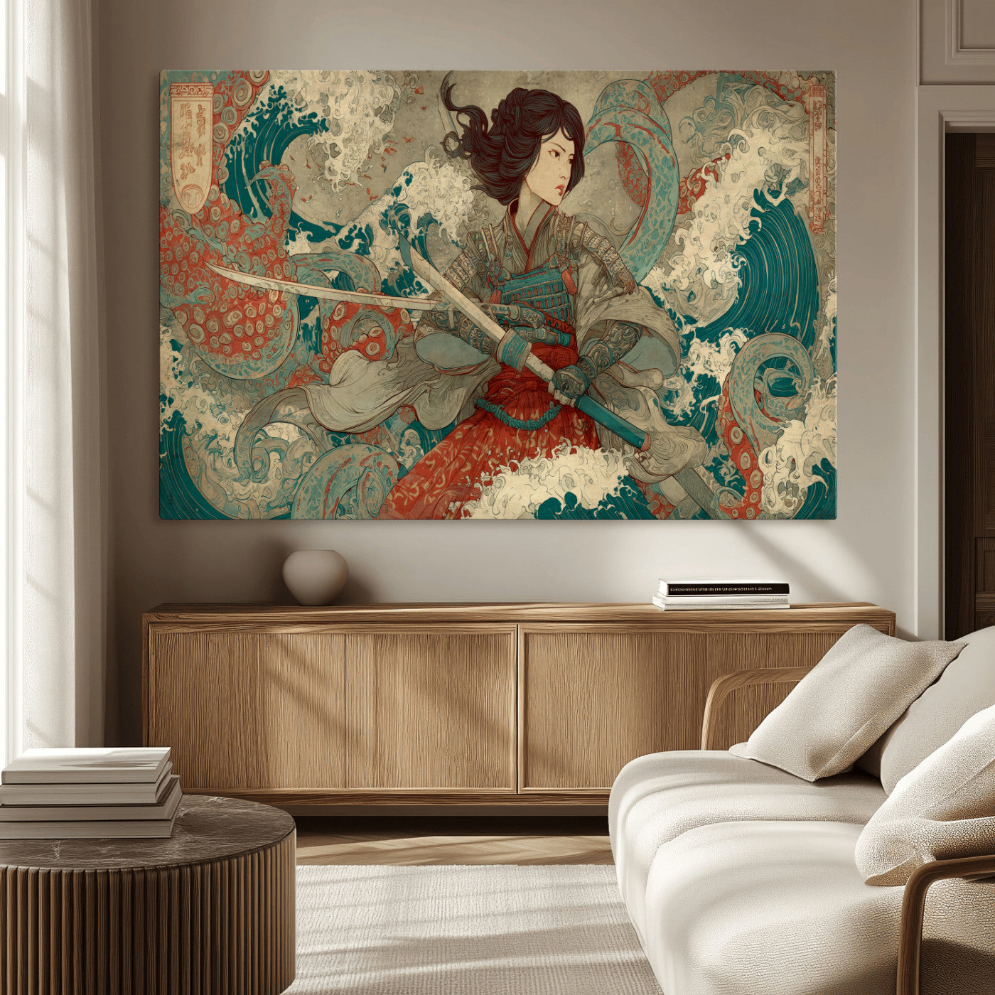 37797255-MGV-CV-36X24-Samurai Woman vs Octopus Wall Art – Japanese Ukiyo-e Red Armor Ocean Battle Canvas Print, Warrior Artwork for Living Room, Office,
