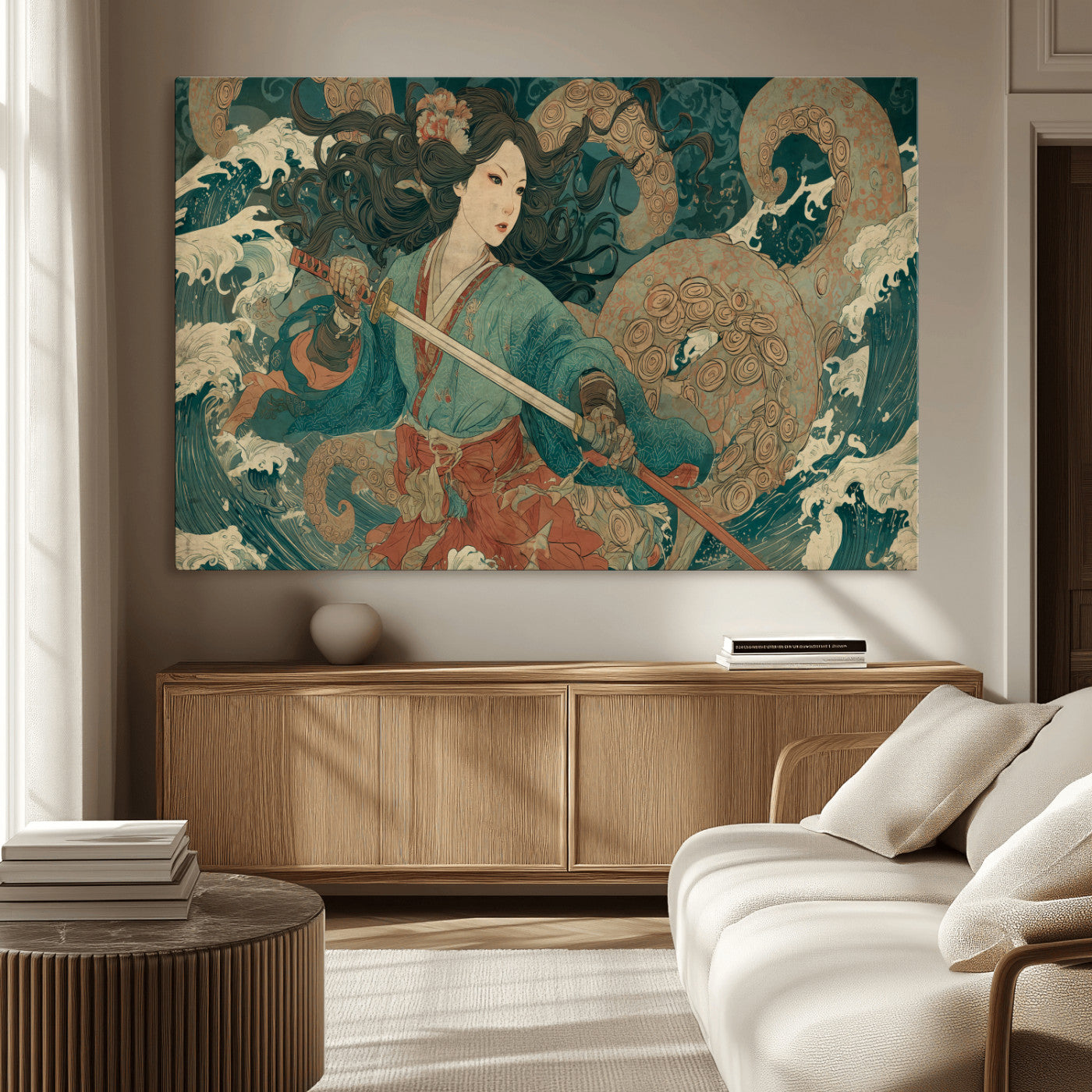 79740258-MGV-CV-36X24-Tsukioka Yoshitoshi Samurai Wall Art Print, Japanese Katana Warrior Canvas Wall Art, Octopus Sea Monster Canvas Print,