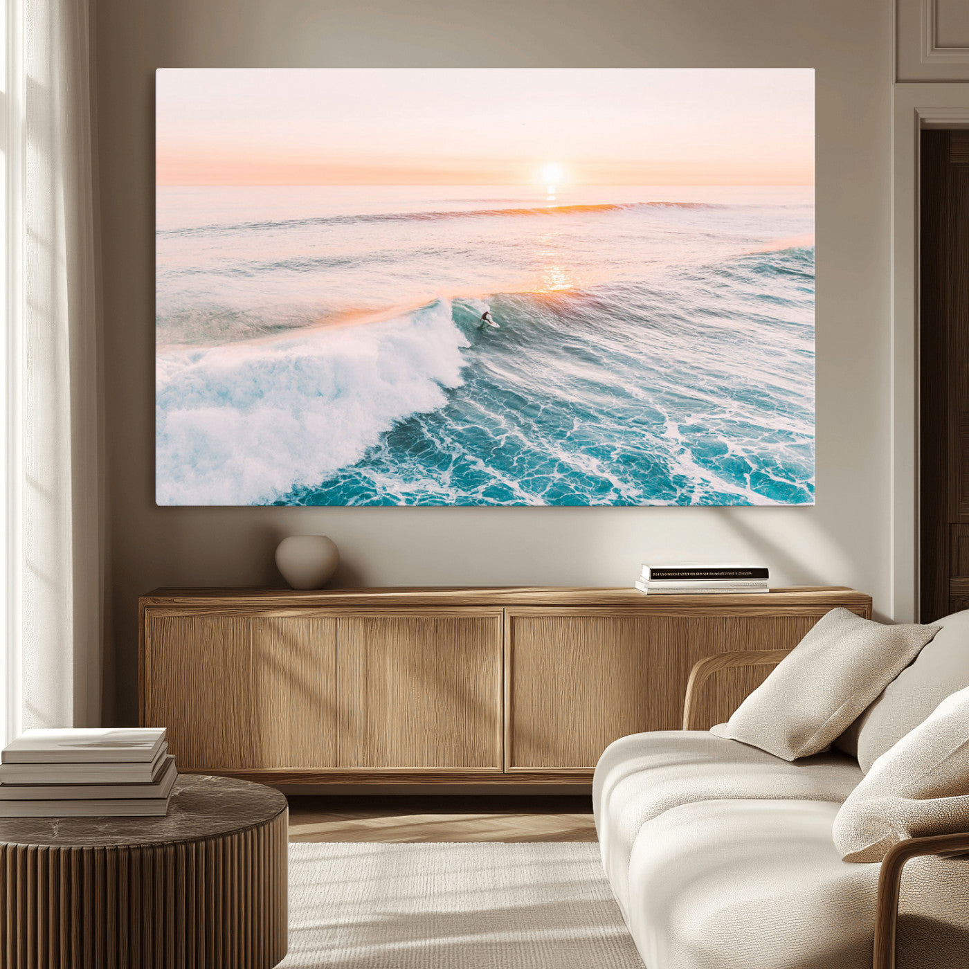 34064591-MGV-CV-36X24-Surfing Wall Art – Sunset Ocean Wave Canvas Print, Surfer Riding Sea Photography Decor for Bedroom, Living Room, Office, Coastal
