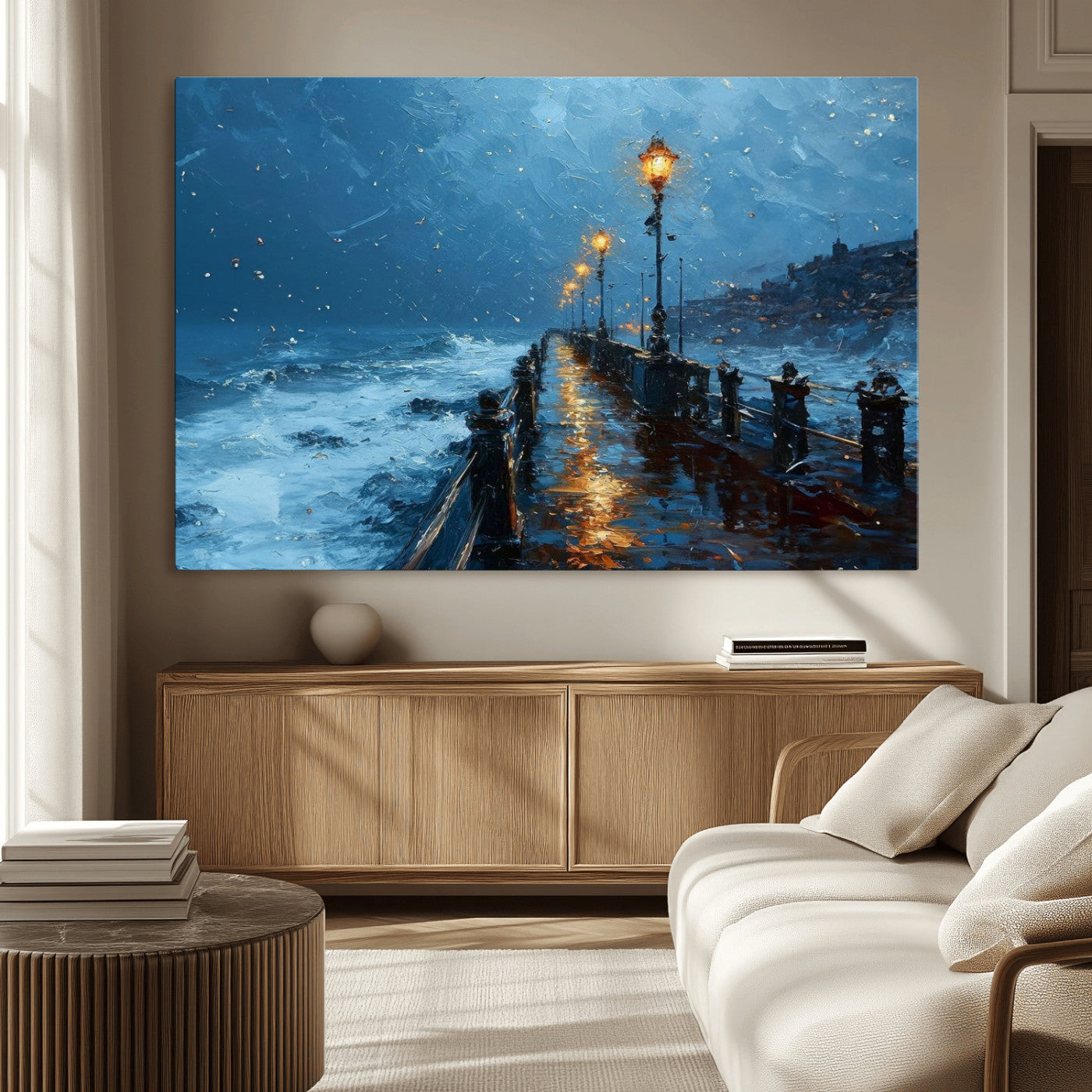 93793246-MGV-CV-36X24-Stormy Night Pier Canvas Wall Art – Moody Ocean Landscape with Lights, Blue Coastal Seascape Print for Bedroom, Living Room,