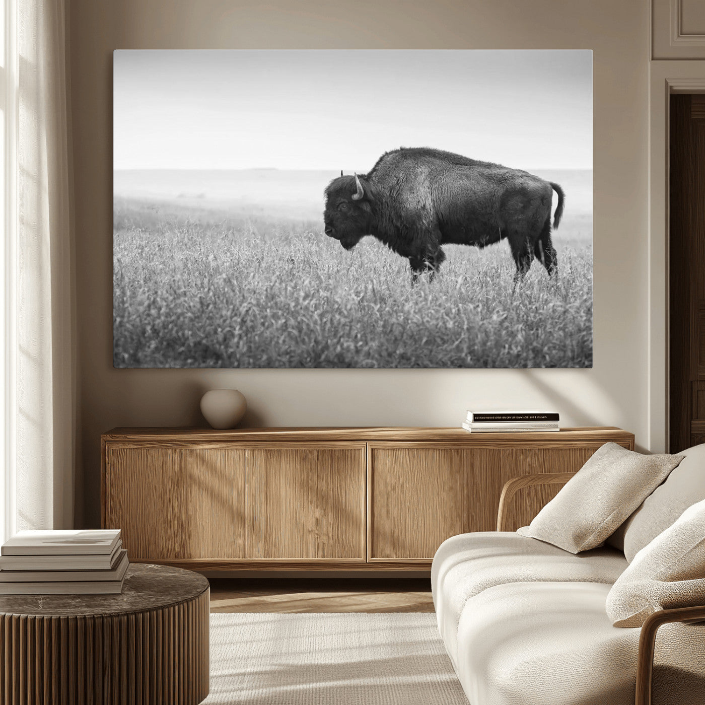 90861202-MGV-CV-36X24-Black and White Bison Canvas Wall Art – Rustic American Buffalo Print, Western Wildlife Photography for Farmhouse, Cabin, Office
