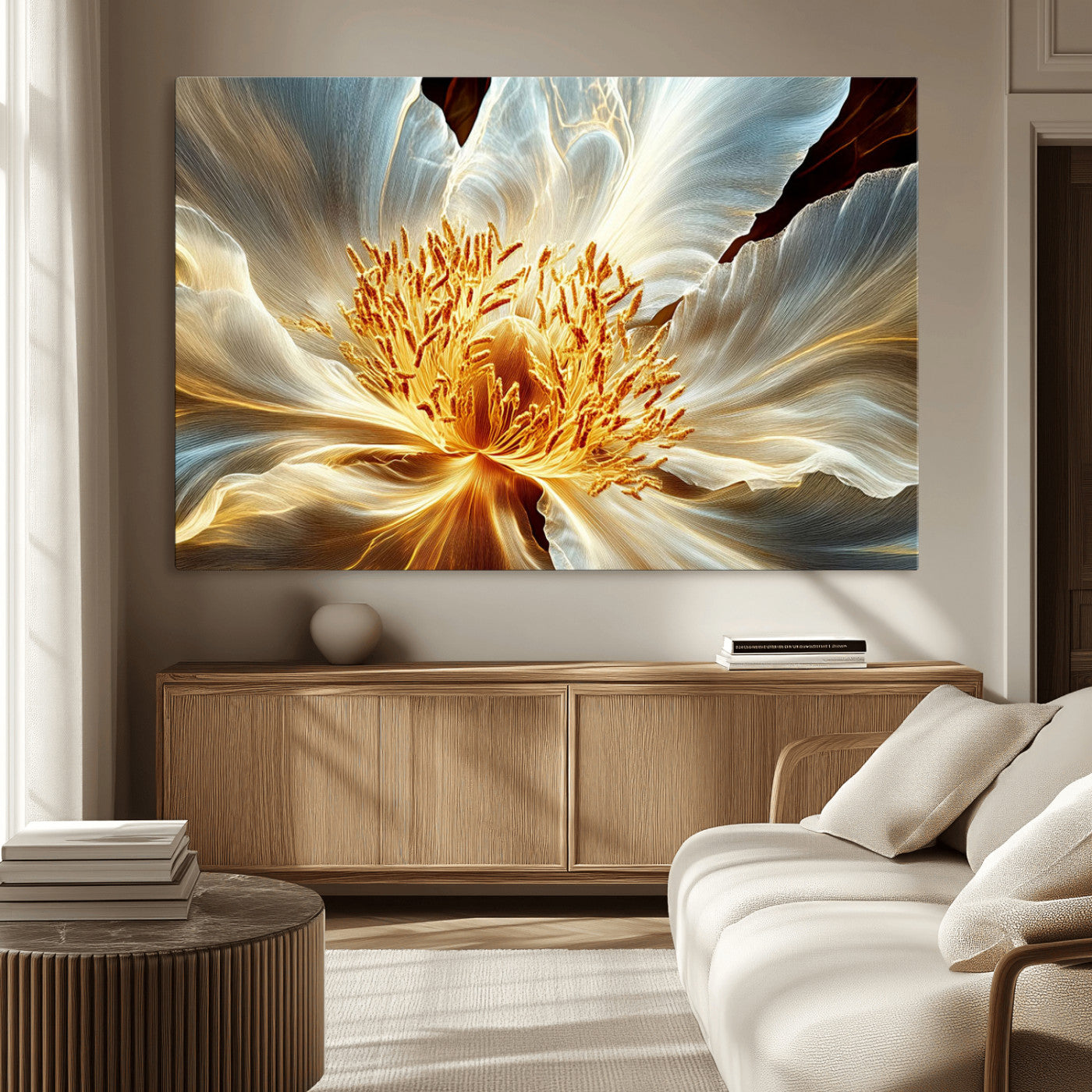 20862576-MGV-CV-36X24-Golden Abstract Flower Canvas Wall Art – Modern Botanical Bloom Print, Elegant Floral Artwork for Living Room, Bedroom, Office