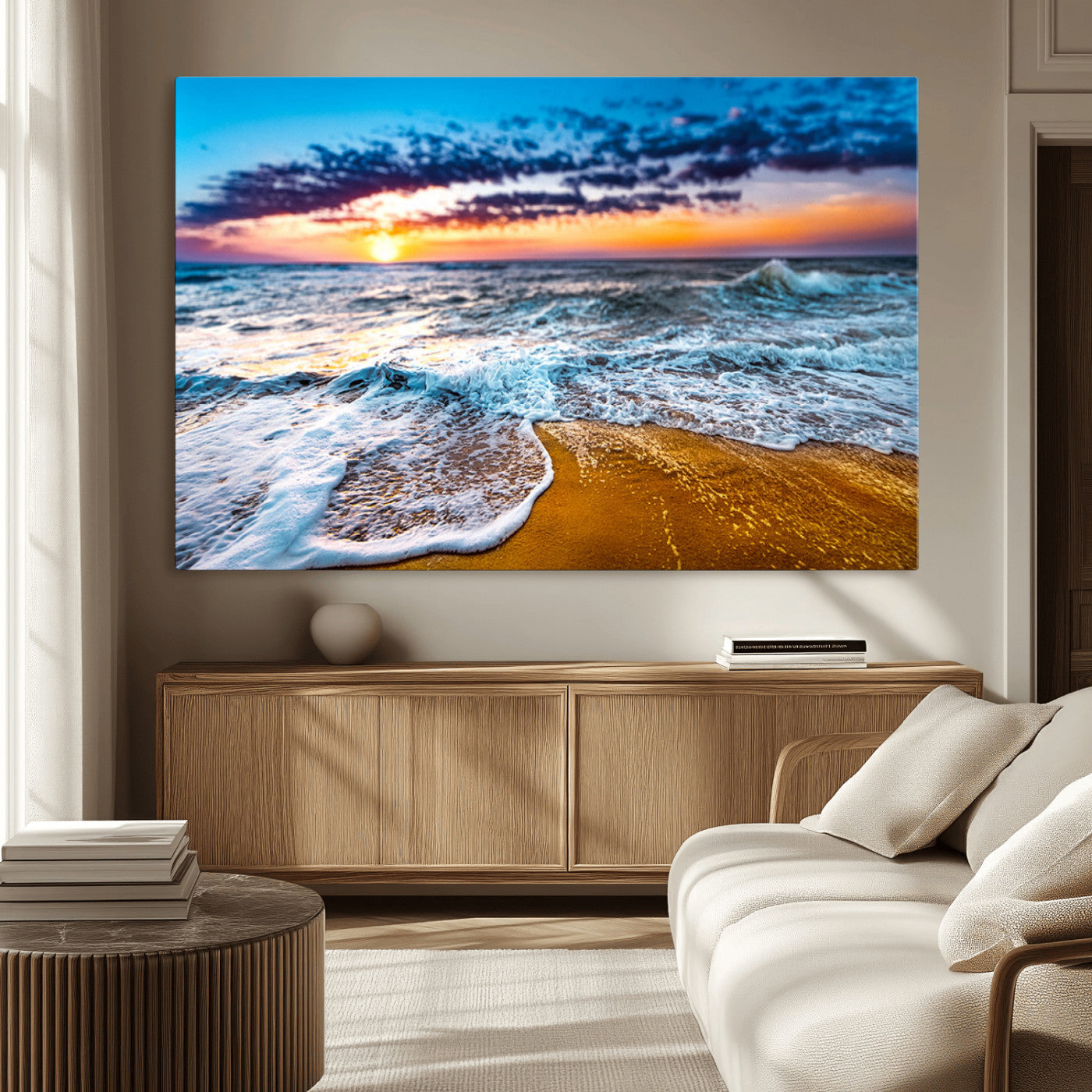 24077769-MGV-CV-36X24-Sunset Beach Wall Art – Ocean Waves Canvas Print, Golden Shoreline Photography Coastal Decor for Living Room, Bedroom, Office,