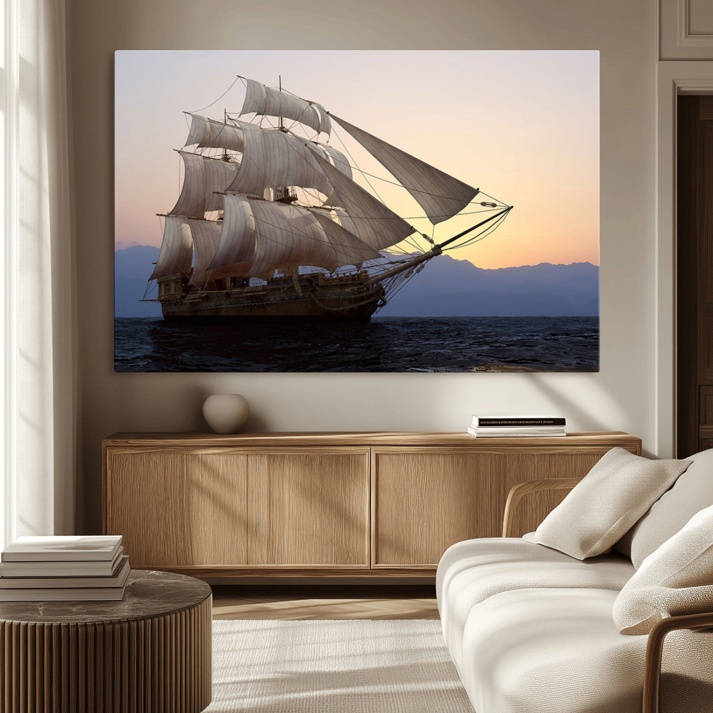 99957679-MGV-CV-36X24-Majestic Sailing Ship Wall Art – Sunset Ocean Voyage, Classic Tall Ship with Wind Filled Sails Canvas Print for Home, Office,