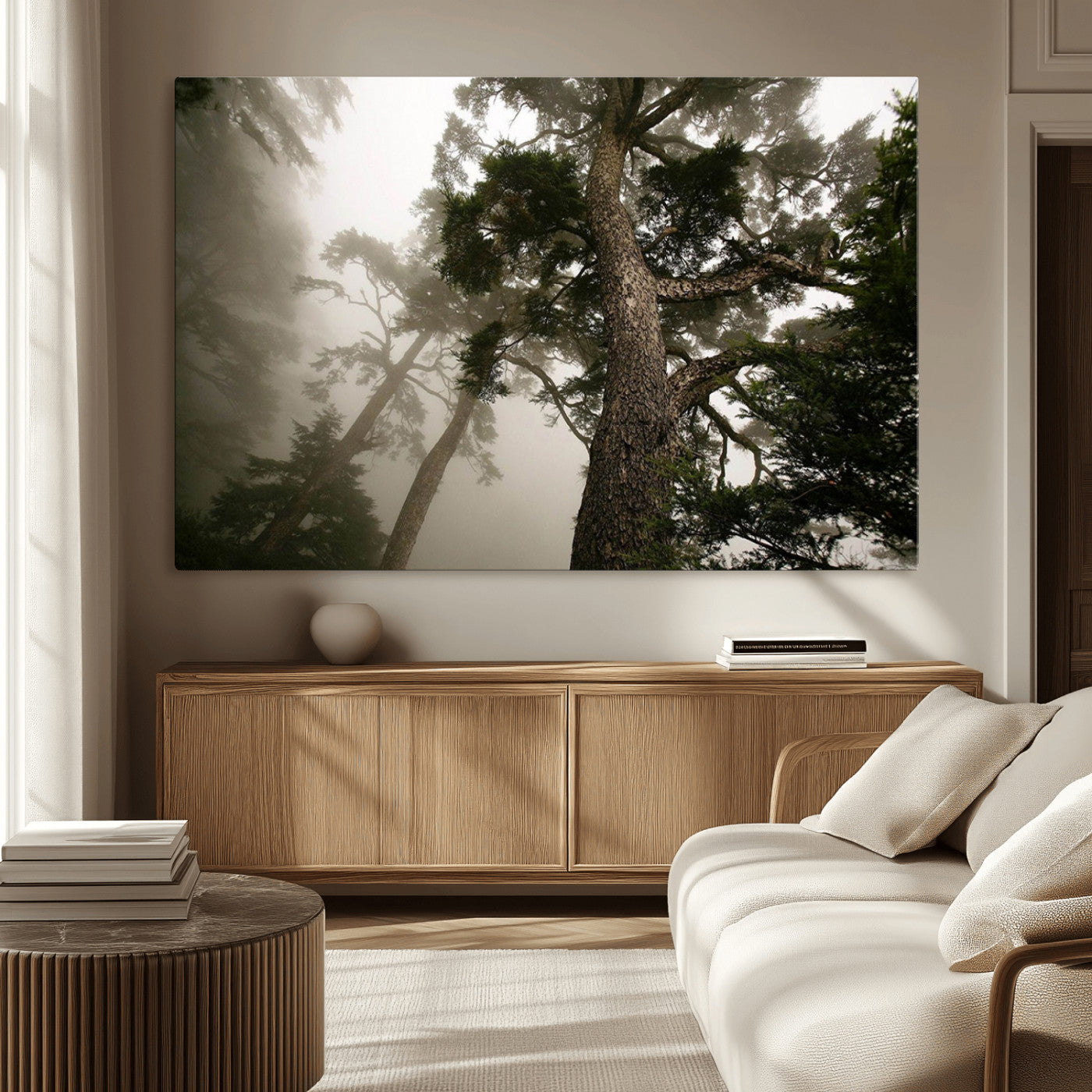 87969493-MGV-CV-36X24-Forest Wall Art – Misty Tall Trees Canvas Print, Dramatic Woodland Photography Decor for Bedroom, Living Room, Office, Cabin,