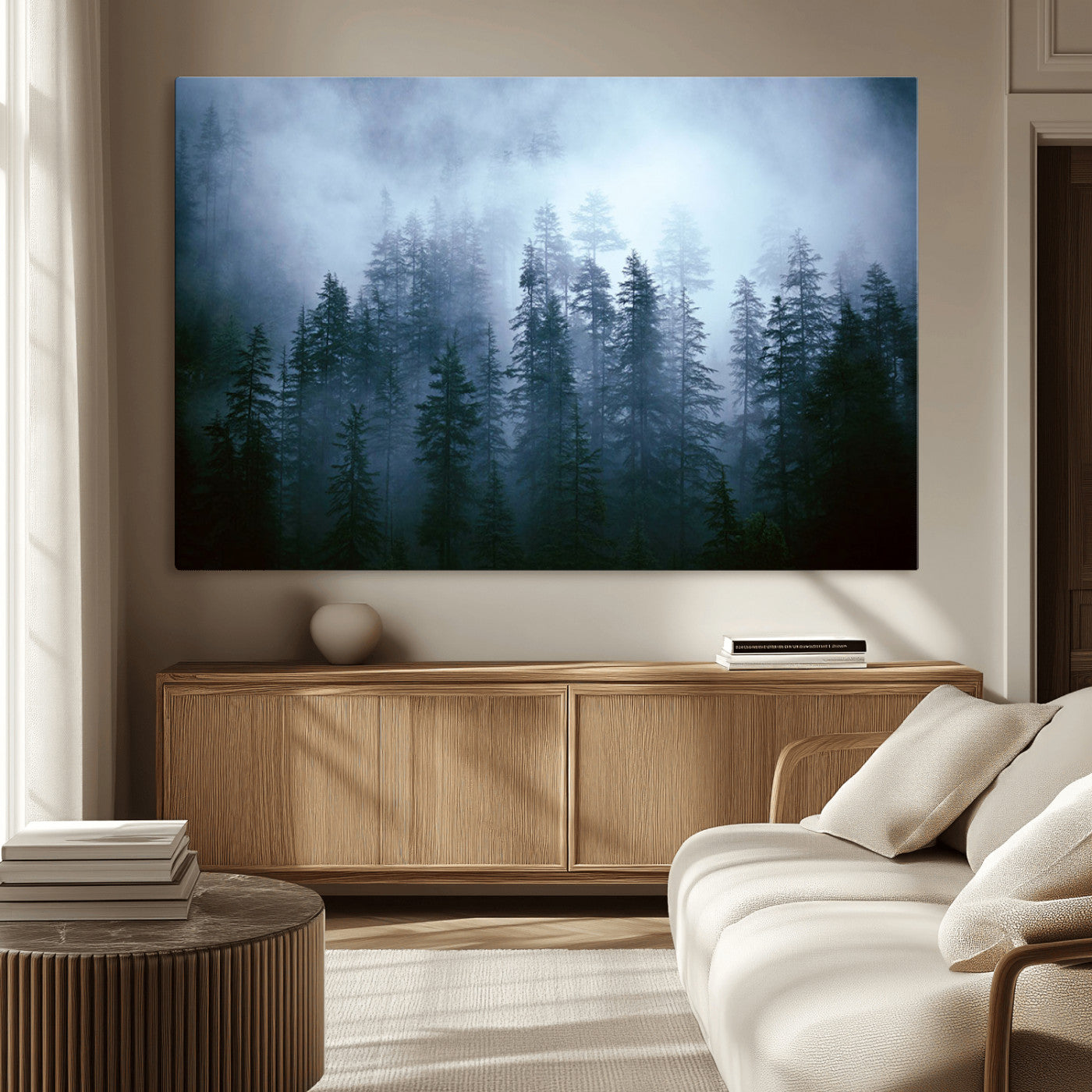 93439624-MGV-CV-36X24-Forest Wall Art – Misty Pine Trees Canvas Print, Moody Nature Photography Decor for Bedroom, Living Room, Office, Cabin, Lodge or