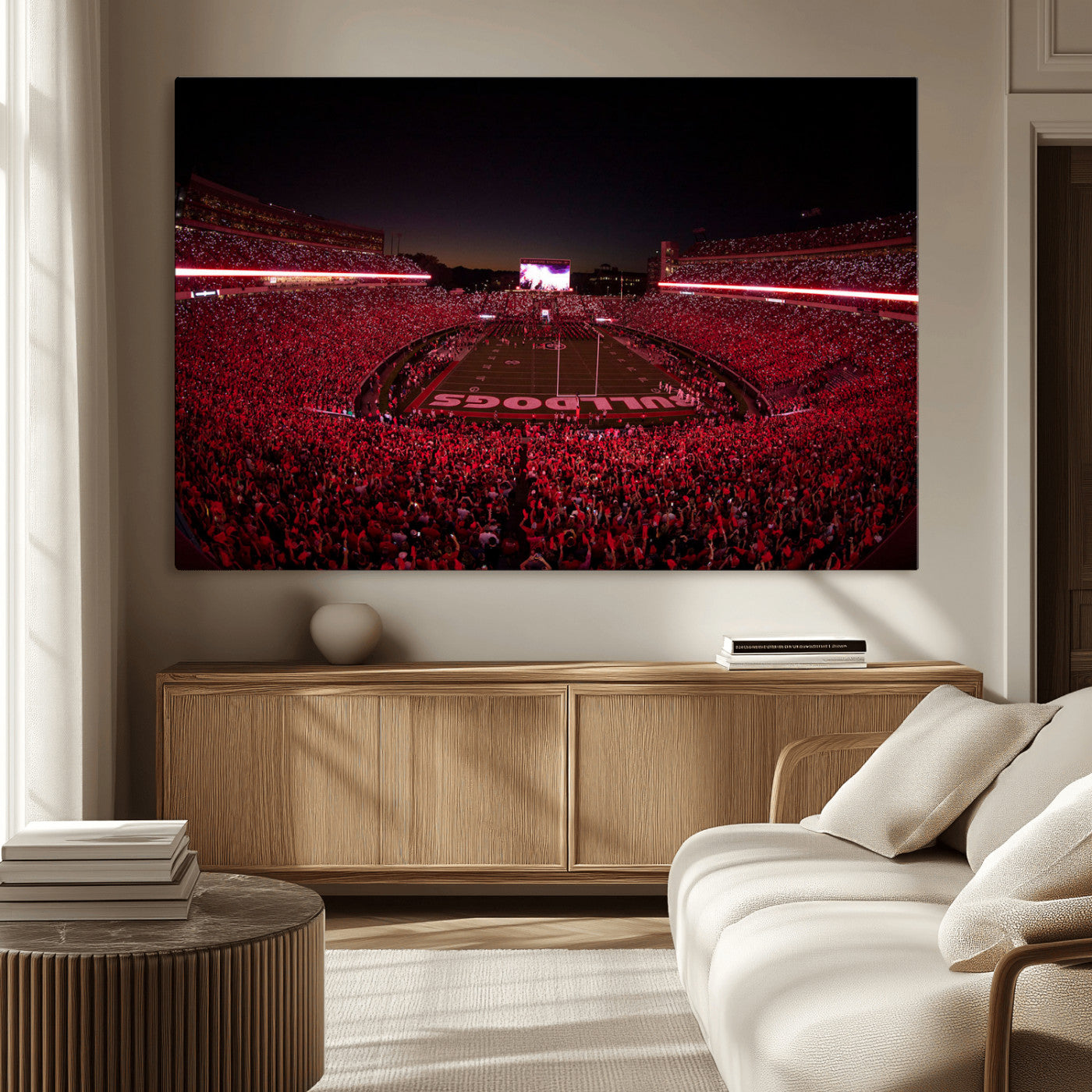 38331045-MGV-CV-36X24-Sanford Stadium Wall Art – Panoramic Georgia Bulldogs Red Light Game Football Canvas Print, Night Crowd Sports Decor for Office,