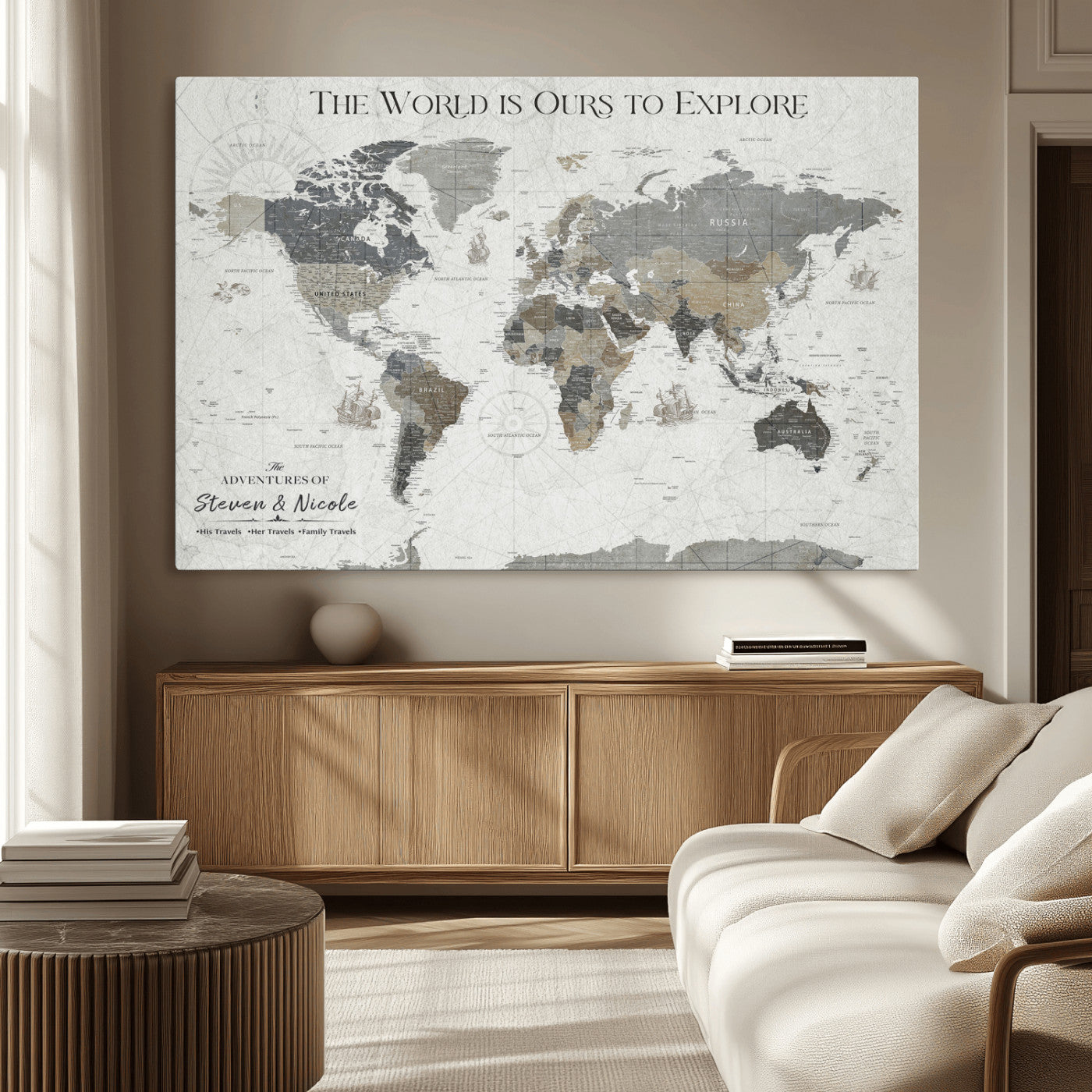 97082026-MGV-CV-36X24-Personalized World Map Wall Art – Vintage Gray Adventure Travel Map with Custom Couple or Family Names, Rustic Wall Decor for Home