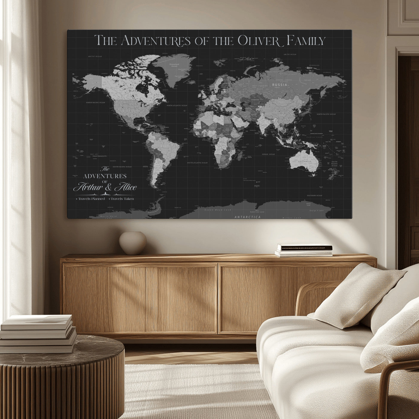 46064114-MGV-CV-36X24-Personalized World Map Wall Art – Black & Grey Adventure Travel Map with Custom Family or Couple Names, Modern Wall Decor for Home