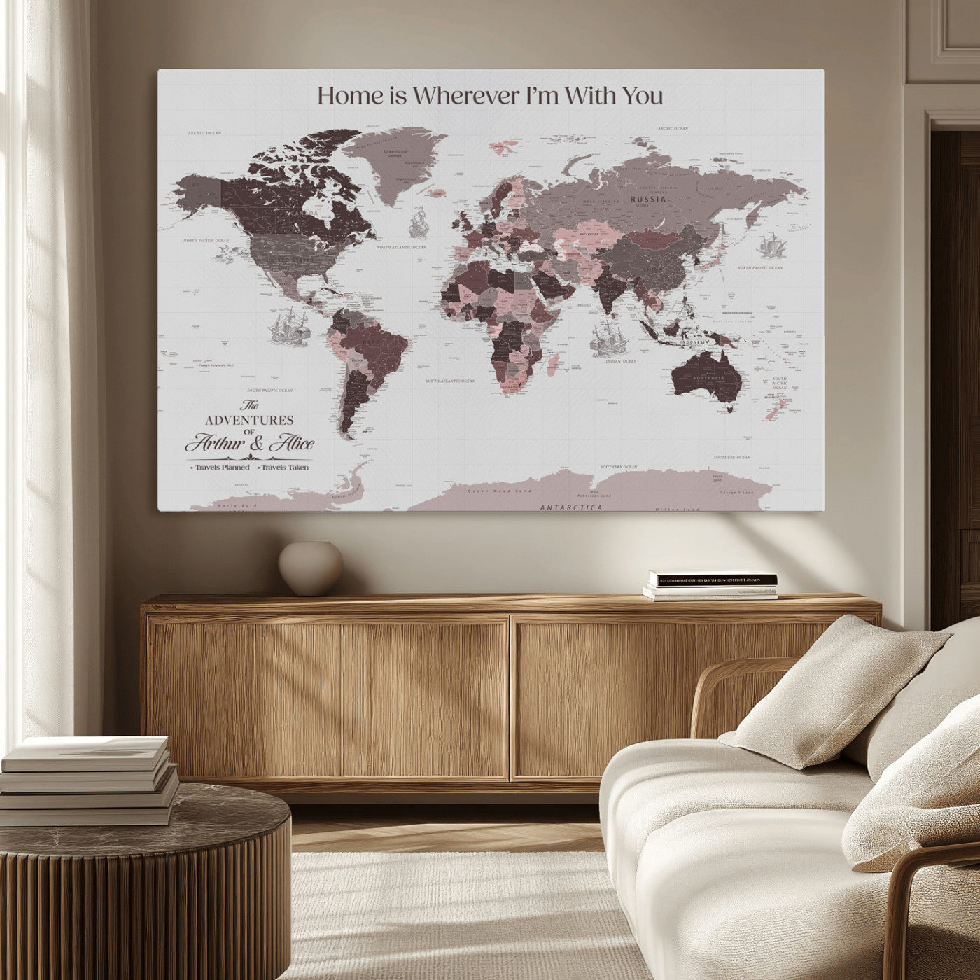 33204797-MGV-CV-36X24-Personalized World Map Wall Art – Burgundy & Grey Adventure Travel Map with Custom Names, Romantic Wall Decor for Couples, Home or