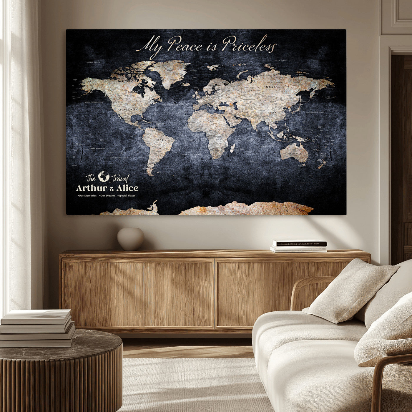 85403043-MGV-CV-36X24-Personalized World Map Wall Art – Dark Blue Rustic Adventure Map with Custom Couple Names, Vintage Wall Decor for Home or Travel