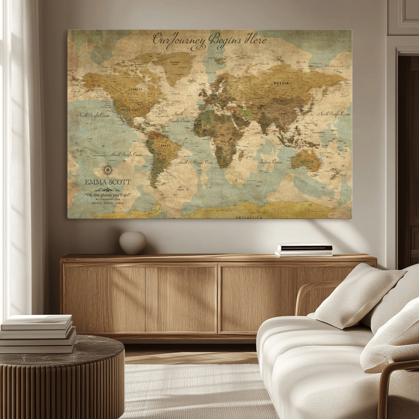 54795344-MGV-CV-36X24-Personalized World Map Wall Art – Vintage Adventure Travel Map with Custom Names, Rustic Wall Décor for Couples, Families