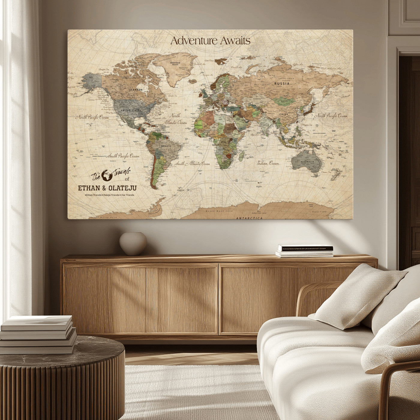 62766900-MGV-CV-36X24-Personalized World Map Wall Art – Antique Parchment Adventure Travel Map with Custom Couple Names, Rustic Wall Decor for Home,