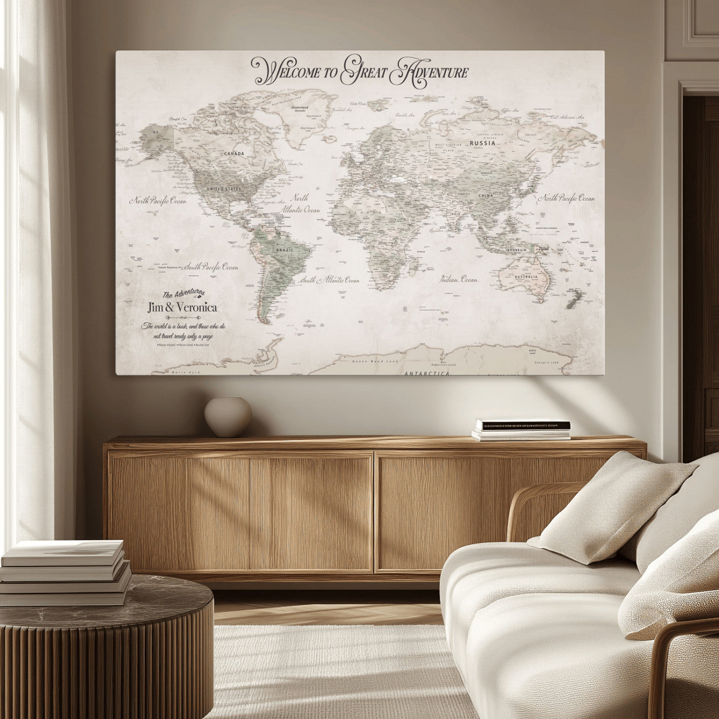 93034948-MGV-CV-36X24-Personalized World Map Wall Art – Vintage Beige Adventure Travel Map with Custom Names, Elegant Push Pin Canvas for Couples,