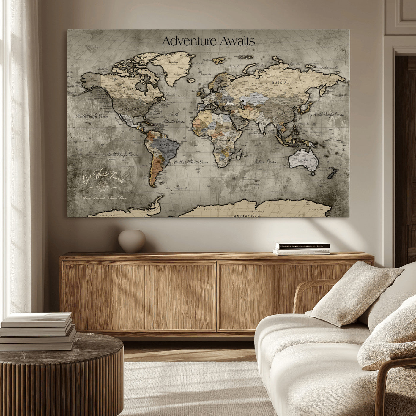72658967-MGV-CV-36X24-Personalized World Map Wall Art – Adventure Awaits Rustic Sepia Travel Map with Custom Names, Vintage Wall Decor for Couples, Home