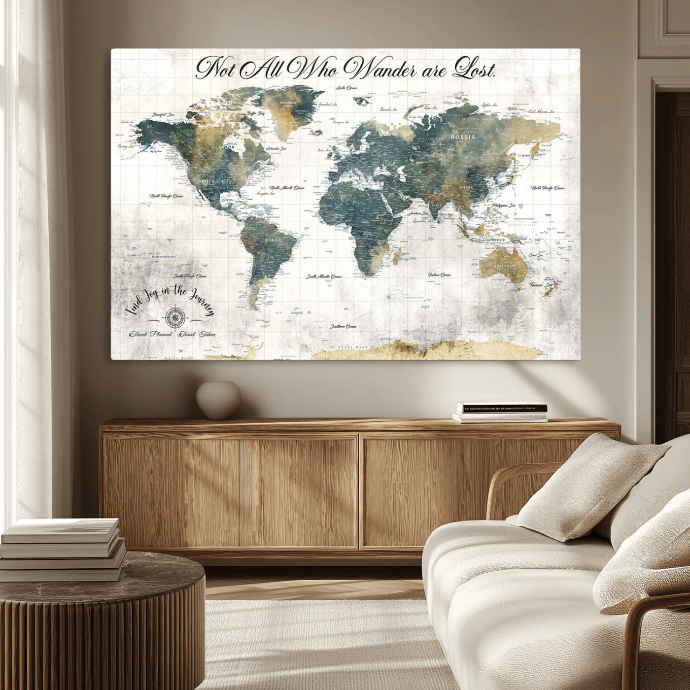 16233493-MGV-CV-36X24-Personalized World Map Wall Art – Rustic Blue Green Wanderlust Travel Map with Custom Couple Names, Vintage Wall Decor for Home