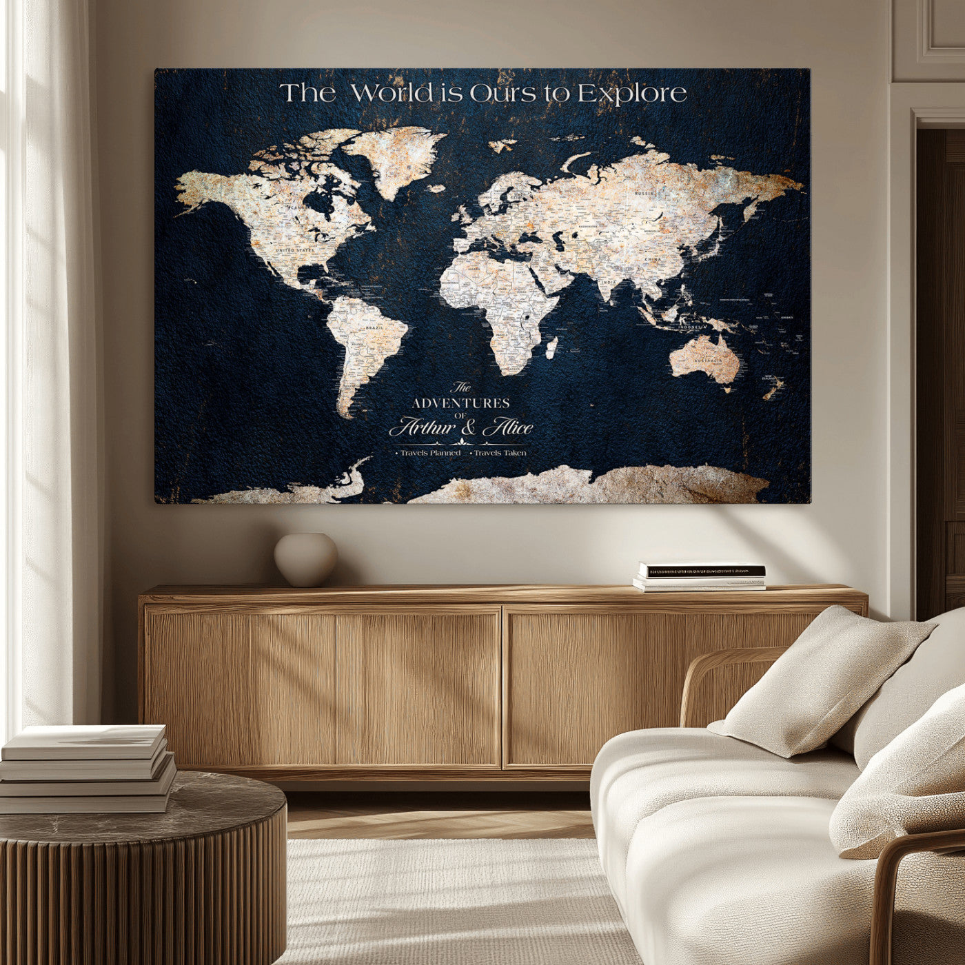 13231361-MGV-CV-36X24-Personalized World Map Wall Art – Navy Blue Vintage Adventure Travel Map with Custom Names, Elegant Push Pin Canvas for Couples