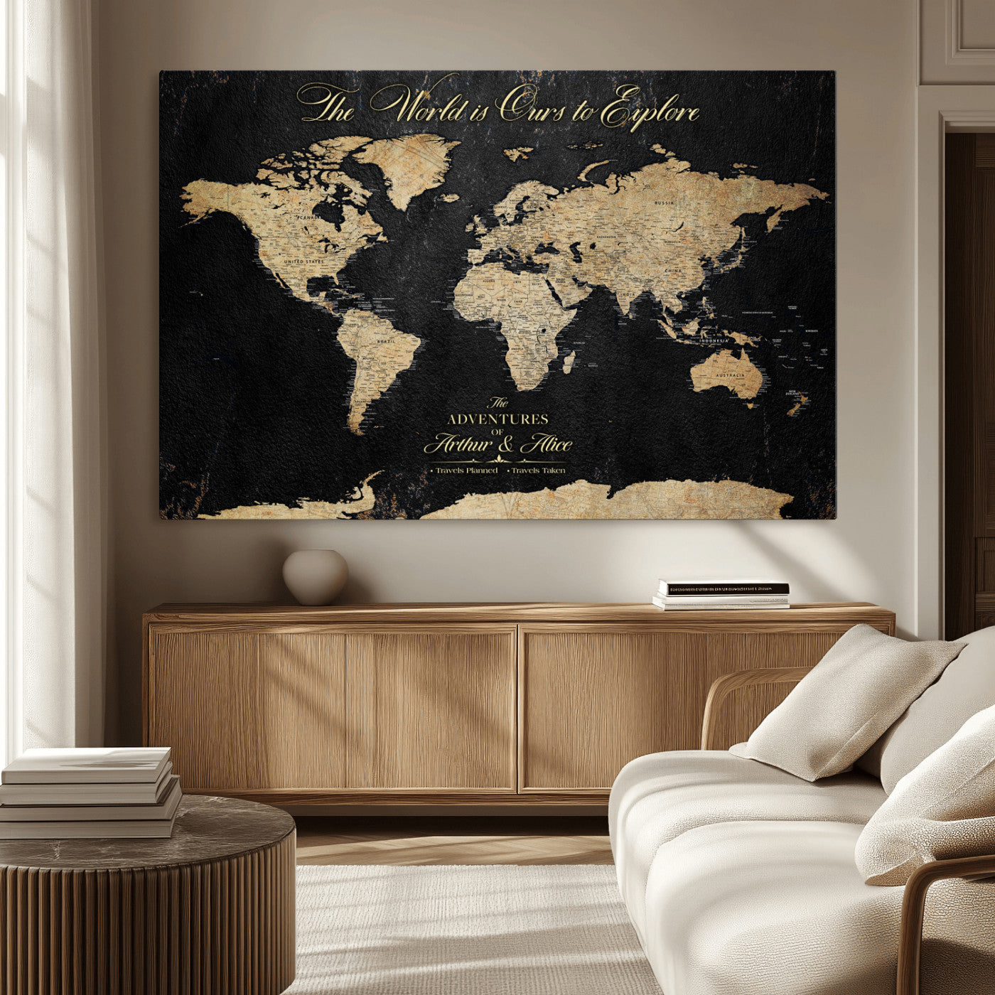 98947257-MGV-CV-36X24-Personalized World Map Wall Art – Vintage Black Adventure Travel Map with Custom Names, Elegant Push Pin Canvas for Couples Home
